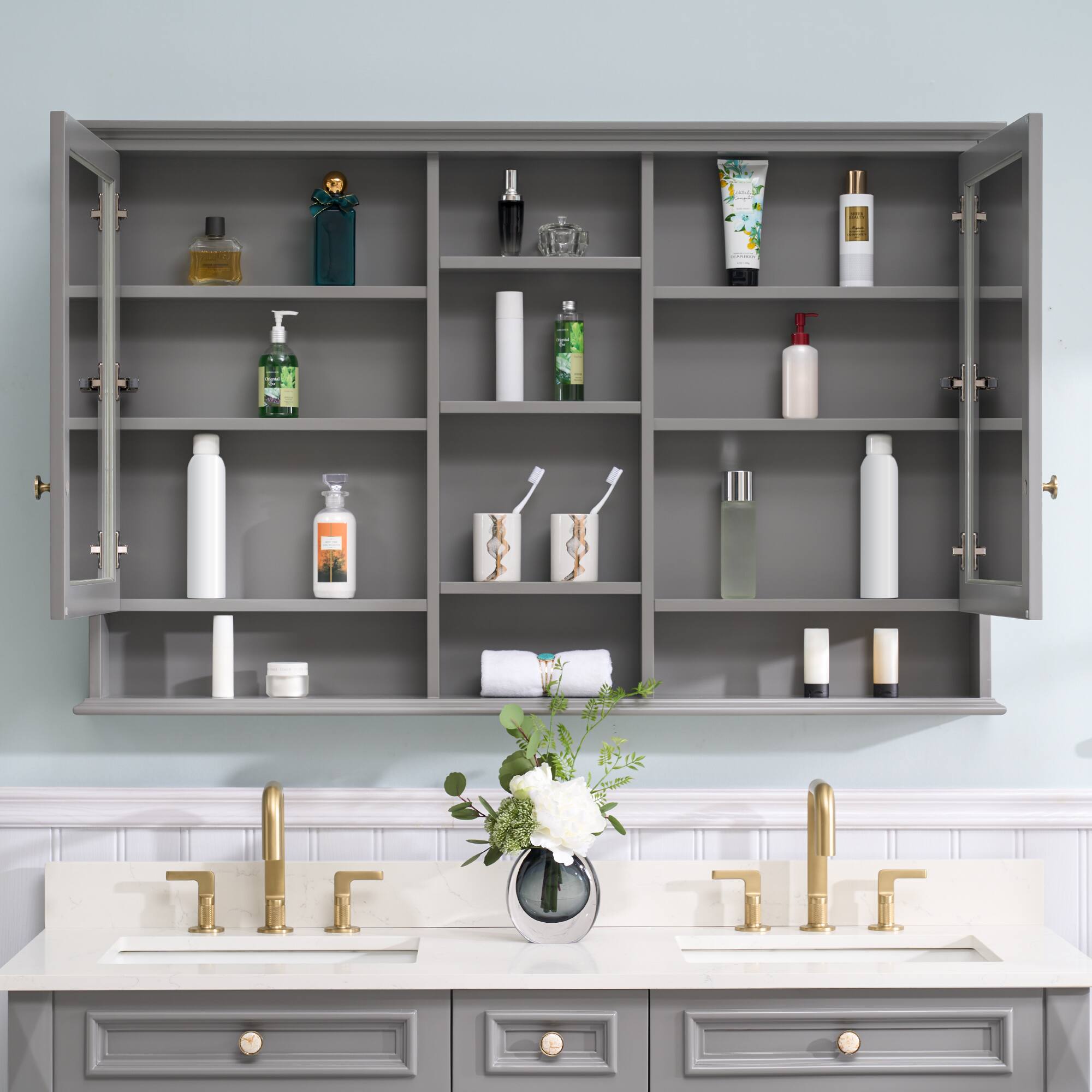 Back. WELLFOR - 55 in. W x 35 in. H Rectangular Wood Surface Mount Medicine Cabinet with Mirror, Double Soft Close Doors - Titainum Grey.
