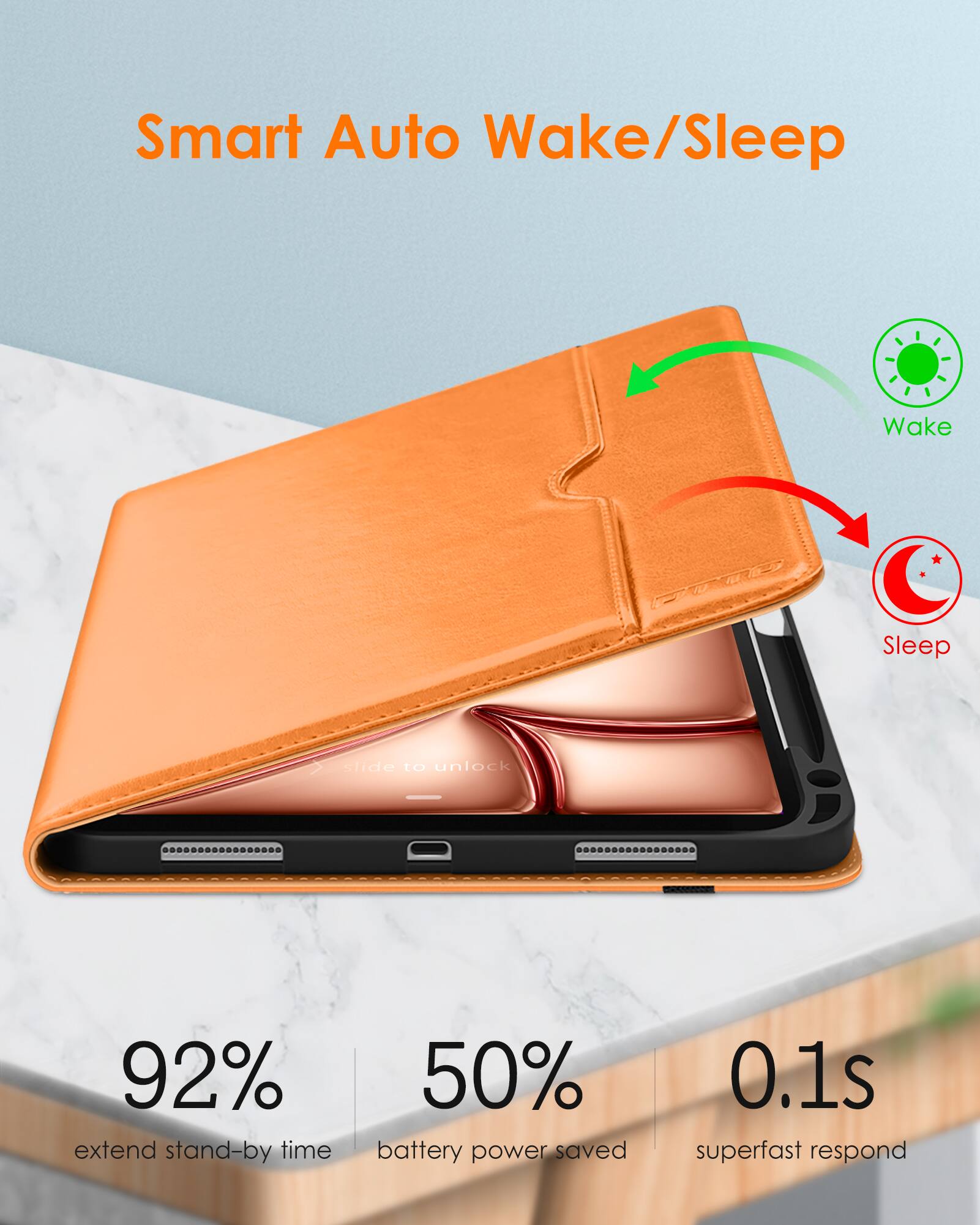 Smart Auto Wake/Sleep

Wake to unlock

92% extend stand-by time

50% battery power saved

0.1s superfast respond