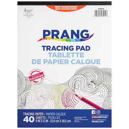 PRANG
TRACING PAD
TABLETTE DE PAPIER CALQUE
SEMI-TRANSPARENT
SEMI-TRANSPARENT
40 SHEETS - FEUILLES
9 IN X 12 IN - 22.9 cm X 30.5 cm
PRANG PROMISE
FOLLOW US / SUIVEZ-NOUS:
@WEAREPRANG
VISIT US / VISITEZ-NOUS:
PRANG.COM
SUSTAINABLE FORESTRY
Certified Sourcing
Agriculture Responsable
P103914
0 84001 03914 6