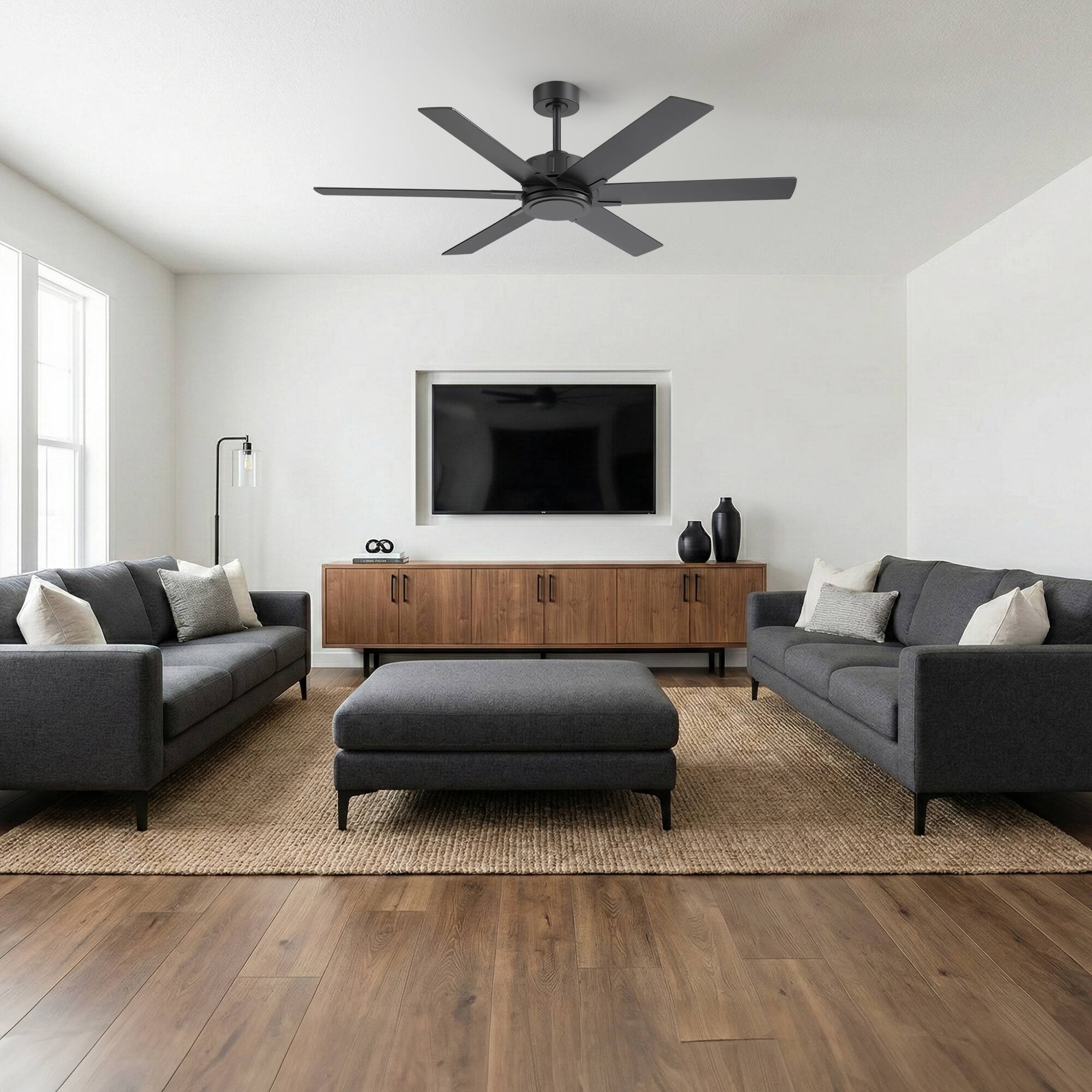 Left. Breezary - 60-Inch Modern Versatile Ceiling Fan with 6 Plywood Blades, DC Motor, 6-Speed Remote, Timer, Downrod Mount - 60-Inch Black and Walnut.