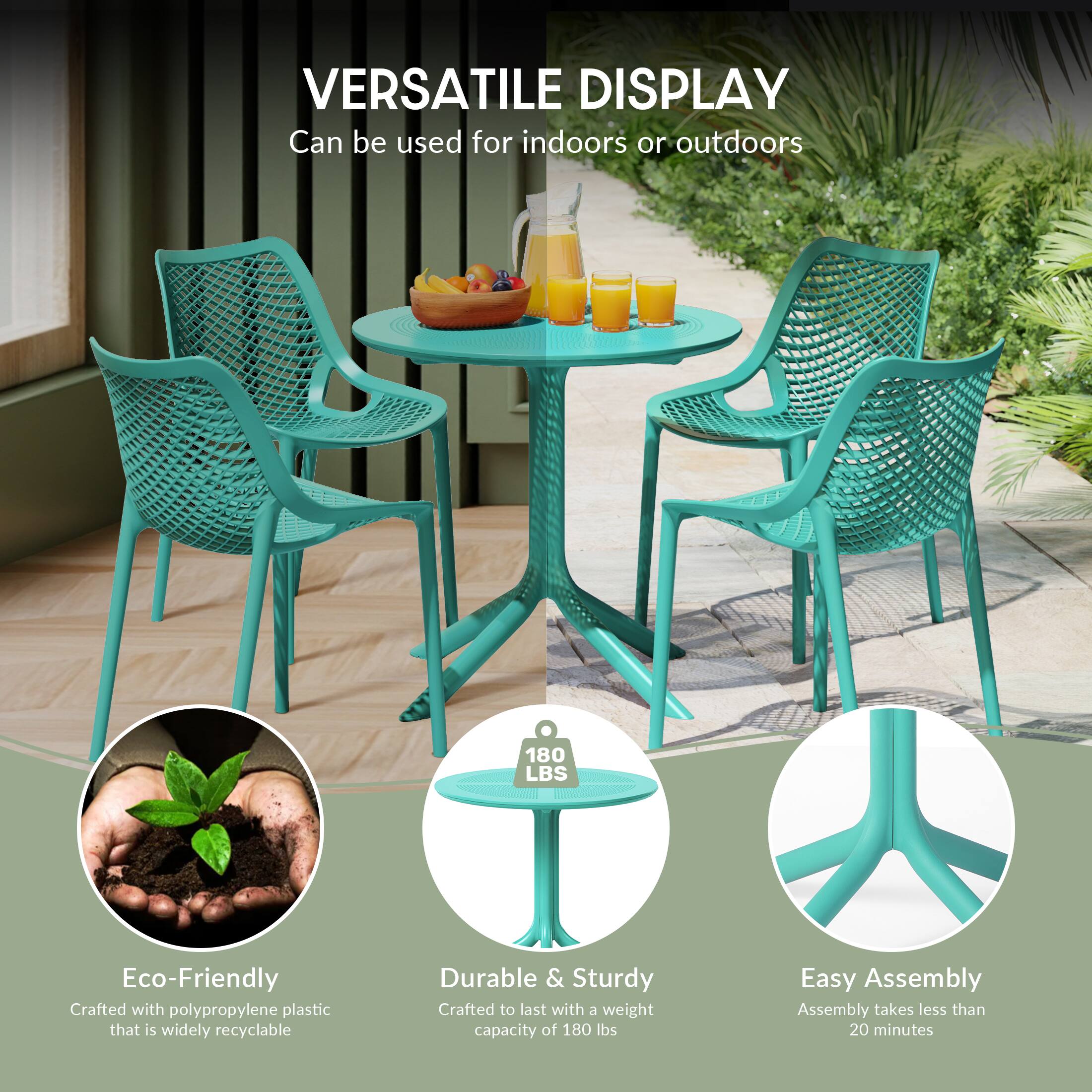 VERSATILE DISPLAY  
Can be used for indoors or outdoors  

180 LBS  

Eco-Friendly  
Crafted with polypropylene plastic that is widely recyclable  

Durable & Sturdy  
Crafted to last with a weight capacity of 180 lbs  

Easy Assembly  
Assembly takes less than 20 minutes