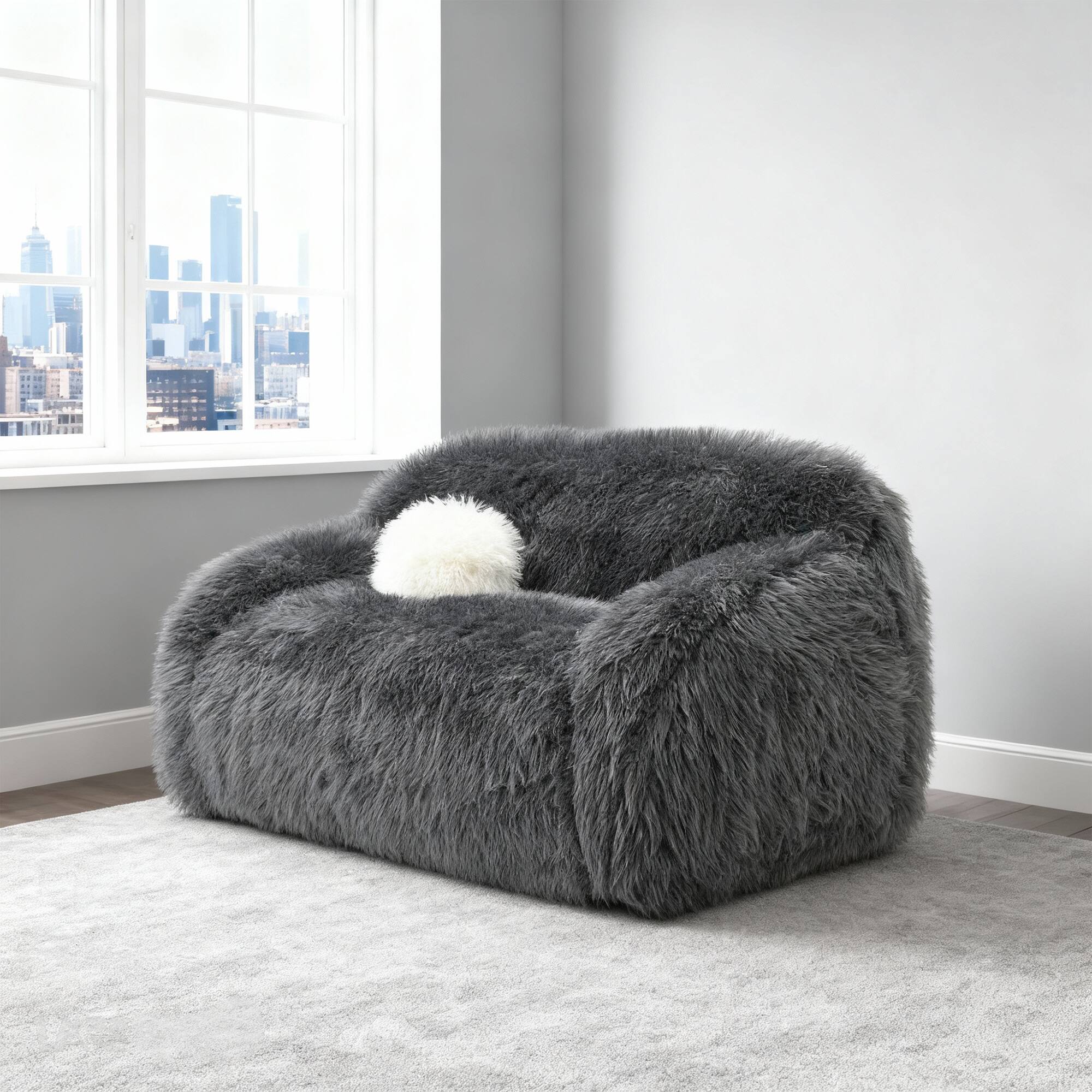 Angle. Vaczon - Faux Fur Loveseat Sofa Cozy Shaggy Plush Chair for Home Apartment or Lounge Area with Accent Pillows - Dark Gray.