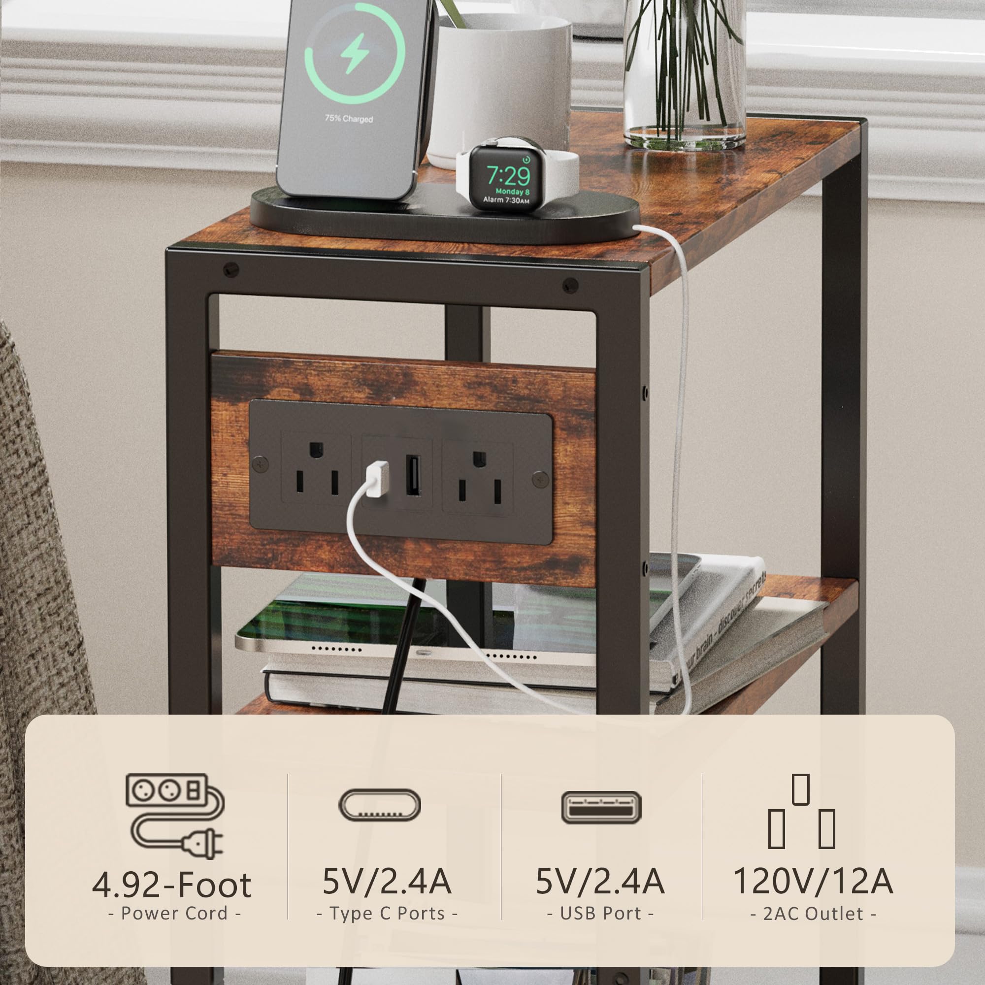 75% Charged  
7:29  
Monday 8  
Alarm 7:30am  

4.92-Foot Power Cord  
5V/2.4A Type C Ports  
5V/2.4A USB Port  
120V/12A 2AC Outlet