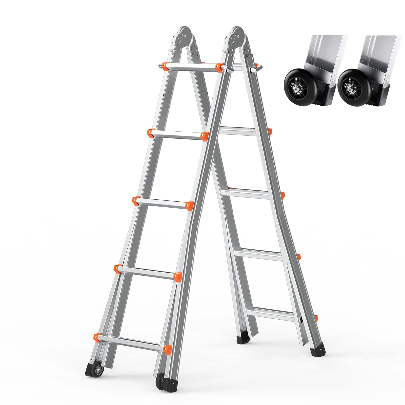 VEVOR - Telescoping Ladder A Frame, 17 FT Compact Aluminum Extension Ladder, Multi-Function Portable Collapsible RV Ladder - Silver