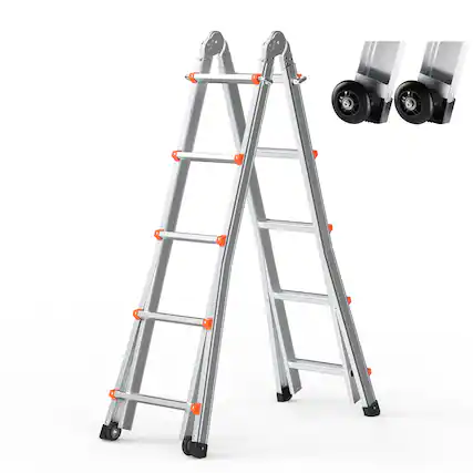 Front. VEVOR - Telescoping Ladder A Frame, 17 FT Compact Aluminum Extension Ladder, Multi-Function Portable Collapsible RV Ladder - Silver.