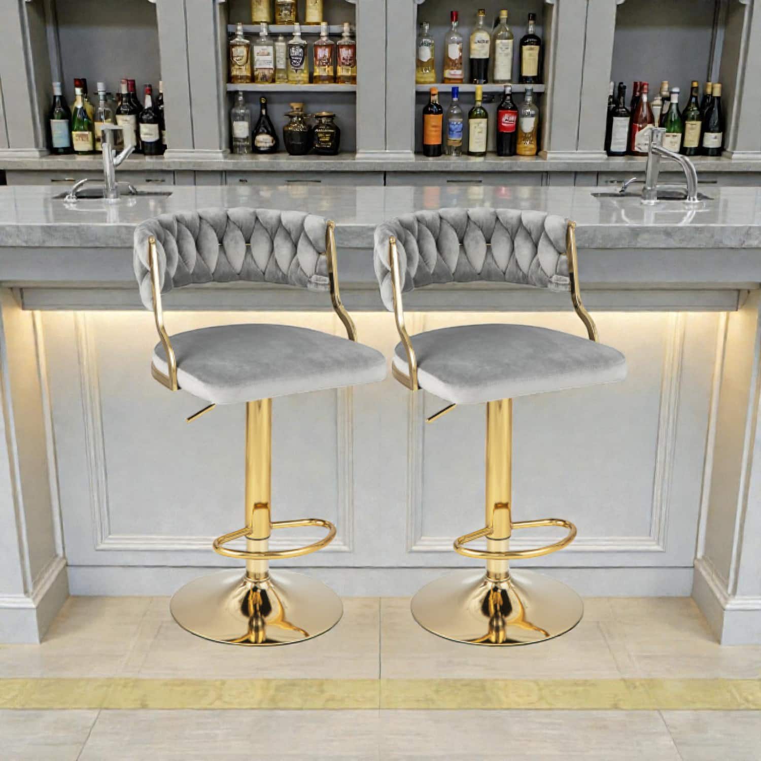 Hivvago - Set of 2 Woven-Back Swivel Bar Stools for Kitchen Island and Cafe - Gray