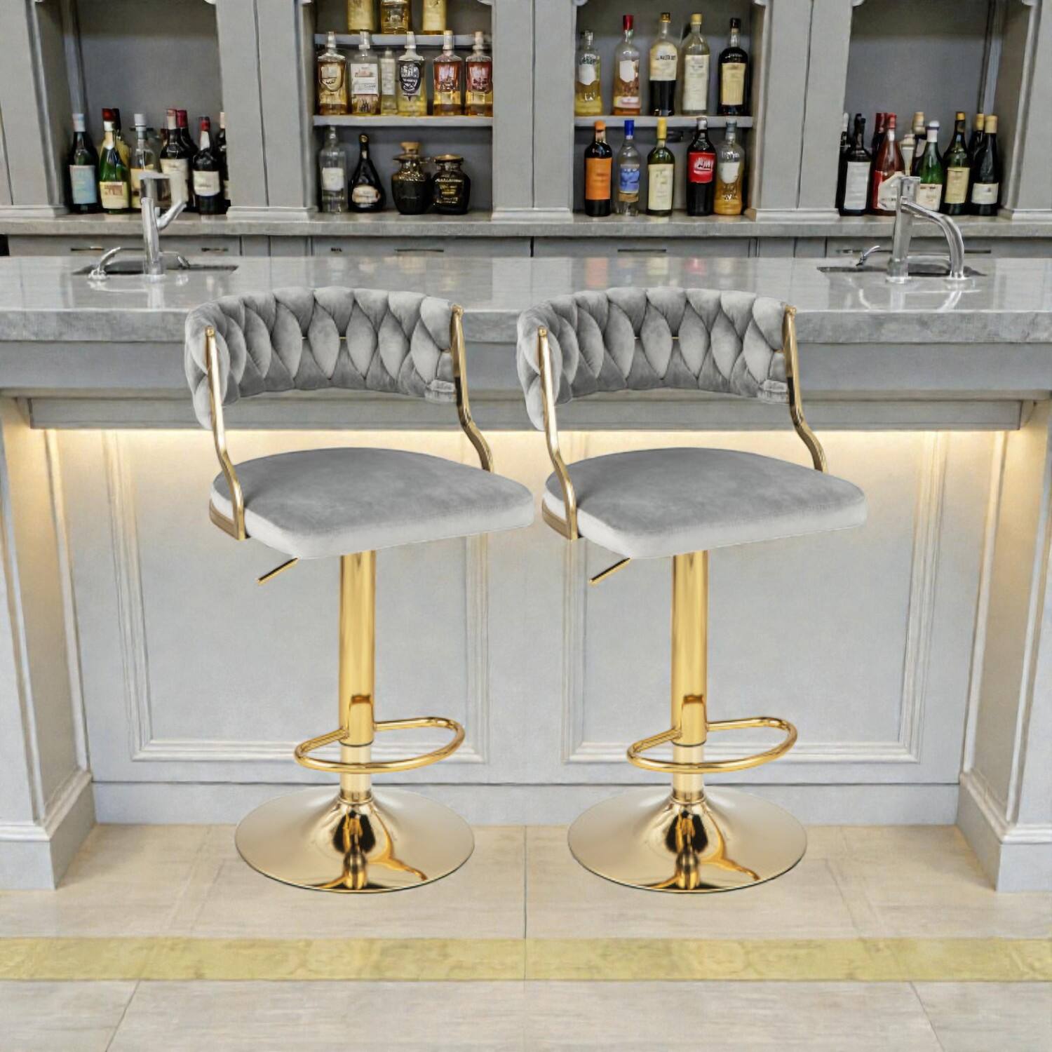 Front. Hivvago - Set of 2 Woven-Back Swivel Bar Stools for Kitchen Island and Cafe - Gray.