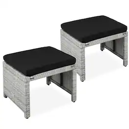 Best Choice Products - Set of 2 Multipurpose Patio Wicker Ottomans w/ Removable Cushions - Gray/Black