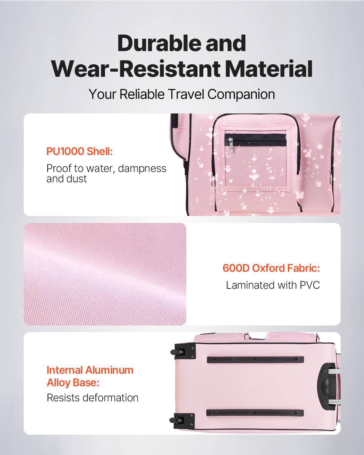 Durable and Wear-Resistant Material  
Your Reliable Travel Companion  

PU1000 Shell:  
Proof to water, dampness and dust  

600D Oxford Fabric:  
Laminated with PVC  

Internal Aluminum Alloy Base:  
Resists deformation