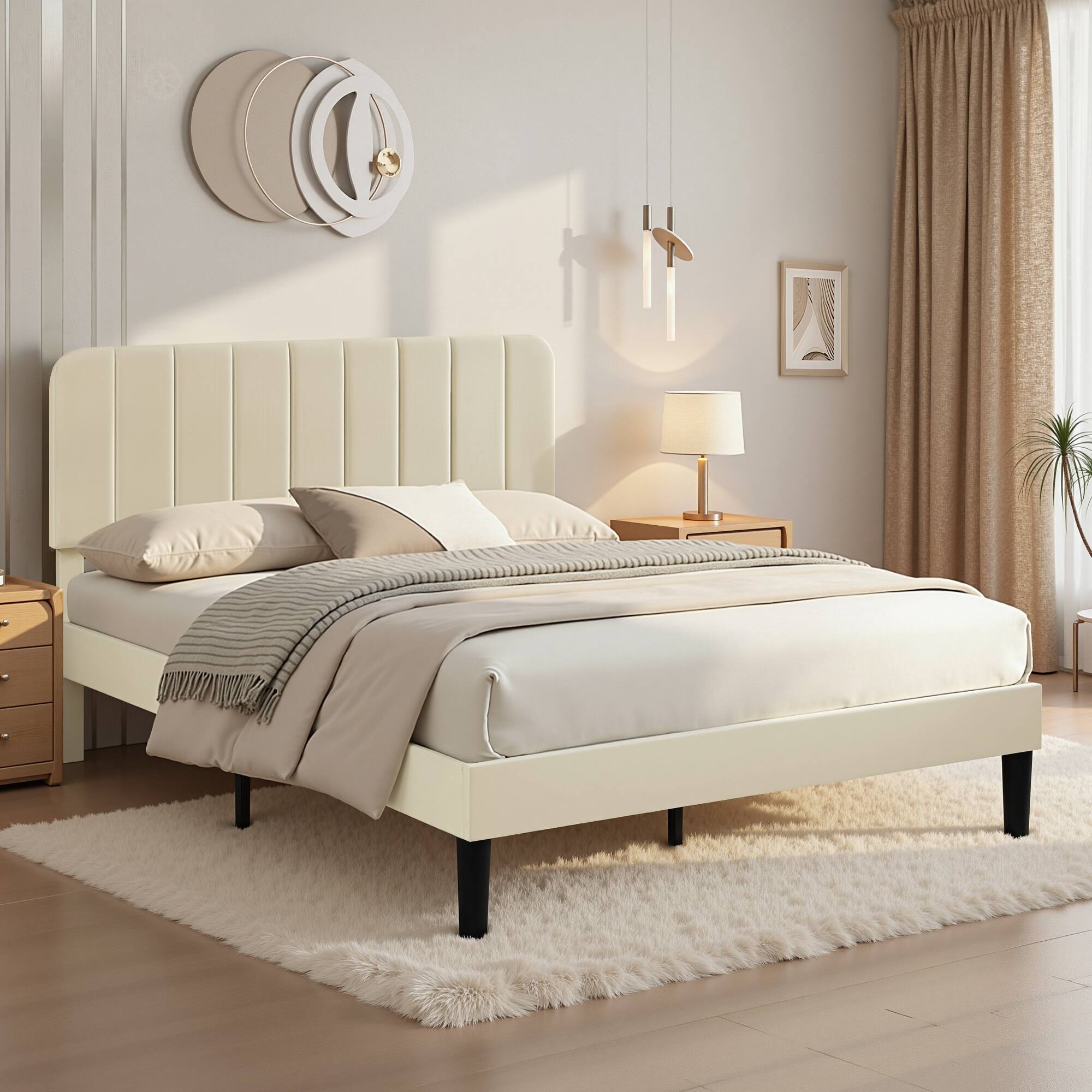Alt View 1. Vecelo - Upholstered Full Size Platform Bed Frame with Adjustable Headboard,Velvet Bed Frame No Box Spring Needed - Beige.