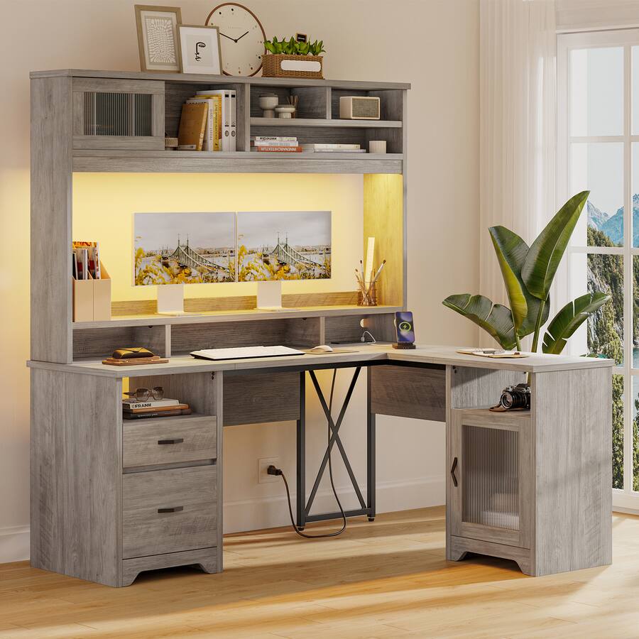 Bestier 63 inch Hutch L Shaped Desk with Monitor Stand & Drawers, LED ...