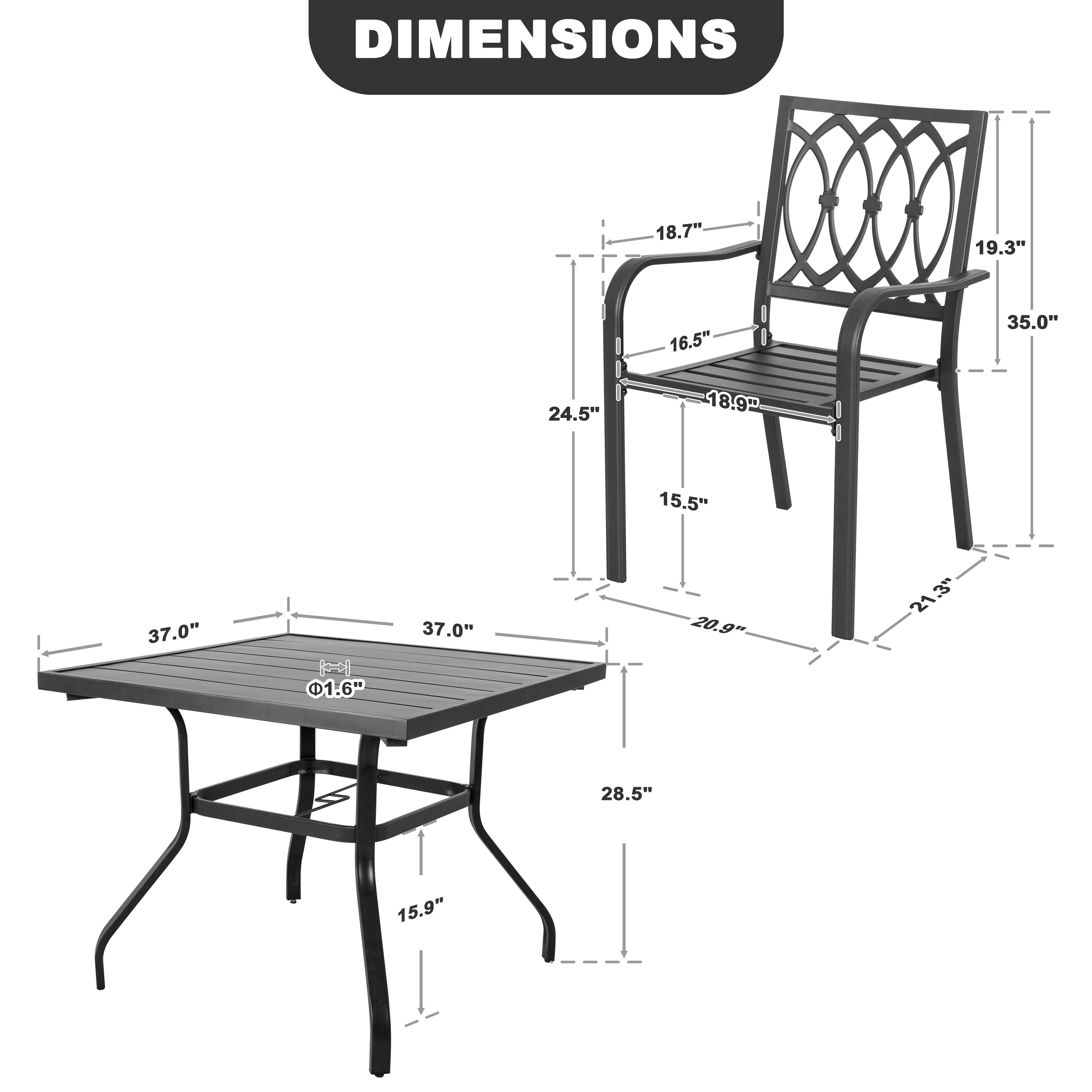 DIMENSIONS

- Chair:
  - Width: 18.7"
  - Height: 35.0"
  - Seat Height: 18.9"
  - Seat Depth: 16.5"
  - Back Height: 19.3"
  - Armrest Height: 15.5"

- Table:
  - Width: 37.0"
  - Depth: 37.0"
  - Height: 28.5"
  - Leg Height: 15.9"
  - Leg Width: 20.9"
  - Leg Width: 21.3"