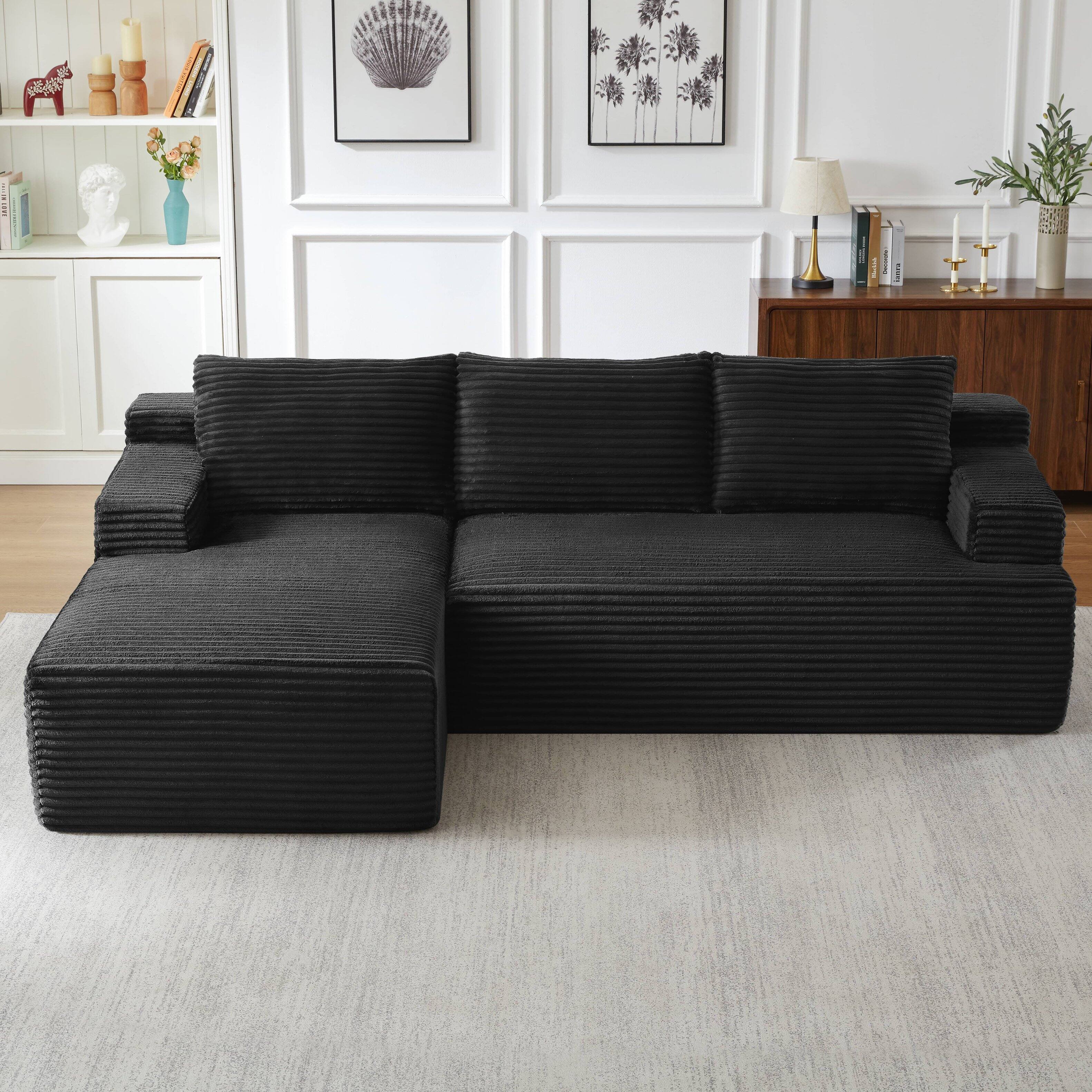 Back. Anysun - Anysun L-Shaped Left-Facing Modular Classic Corduroy Fabric Striped Sectional Sofa with Deep Seat - Black.
