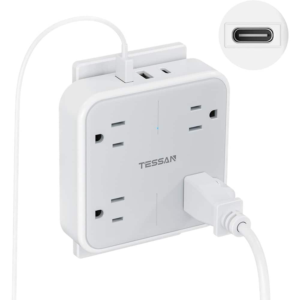 MOSZAR LLC - Outlet Extender with Surge Protector, 3 USB Ports, USB-C - White