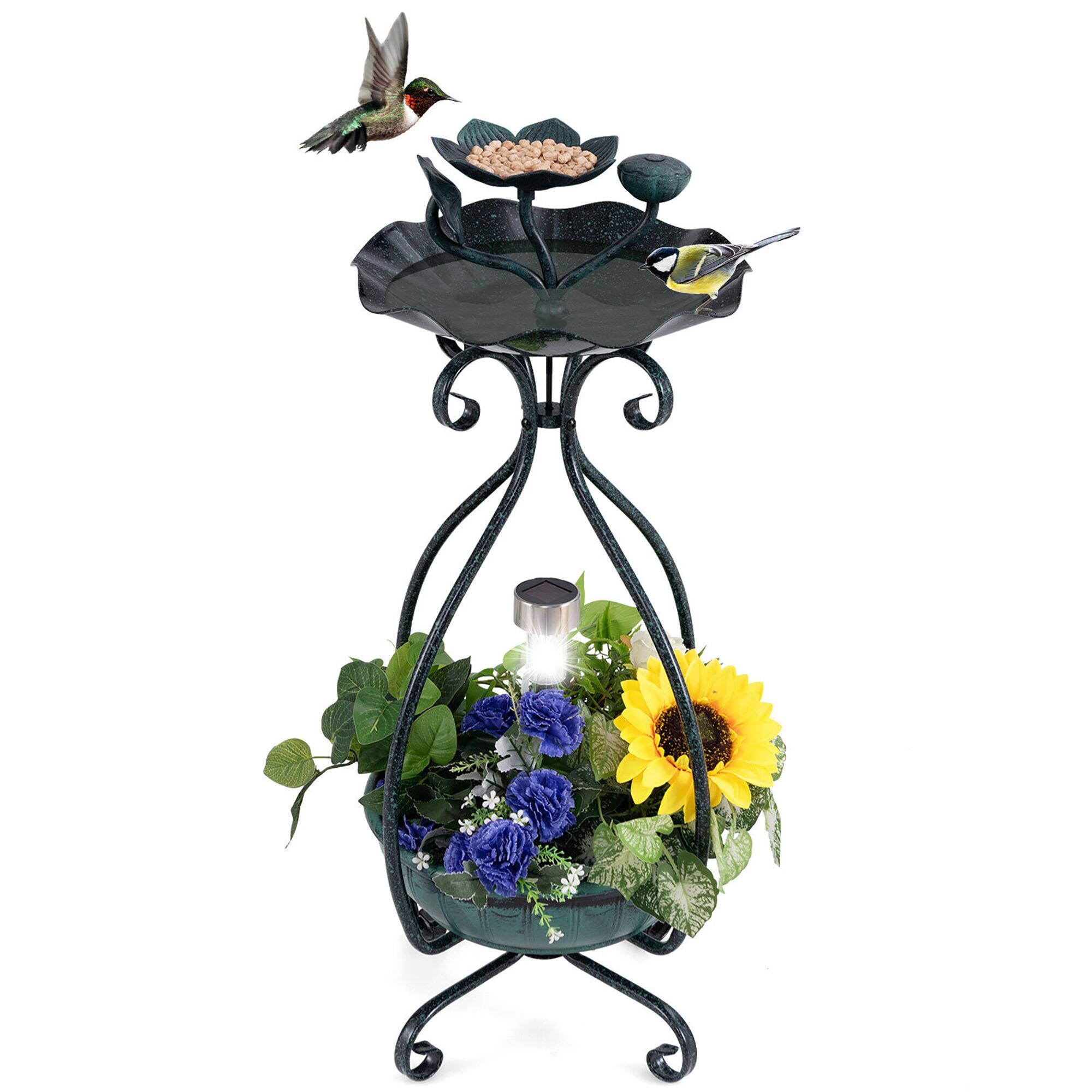 Front. Gymax - Gymax Solar Outdoor Bird Bath & Feeder Combo w/ Flower Planter Pedestal & Solar Lights Bronze - Bronze.