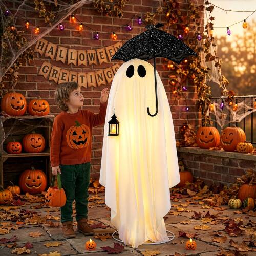 Alt View 5. Winado - 5FT Halloween Ghost Holding an Umbrella with Lights for Indoor Outdoor Front Porch Lawn Patio Garden Party Decorations - White.
