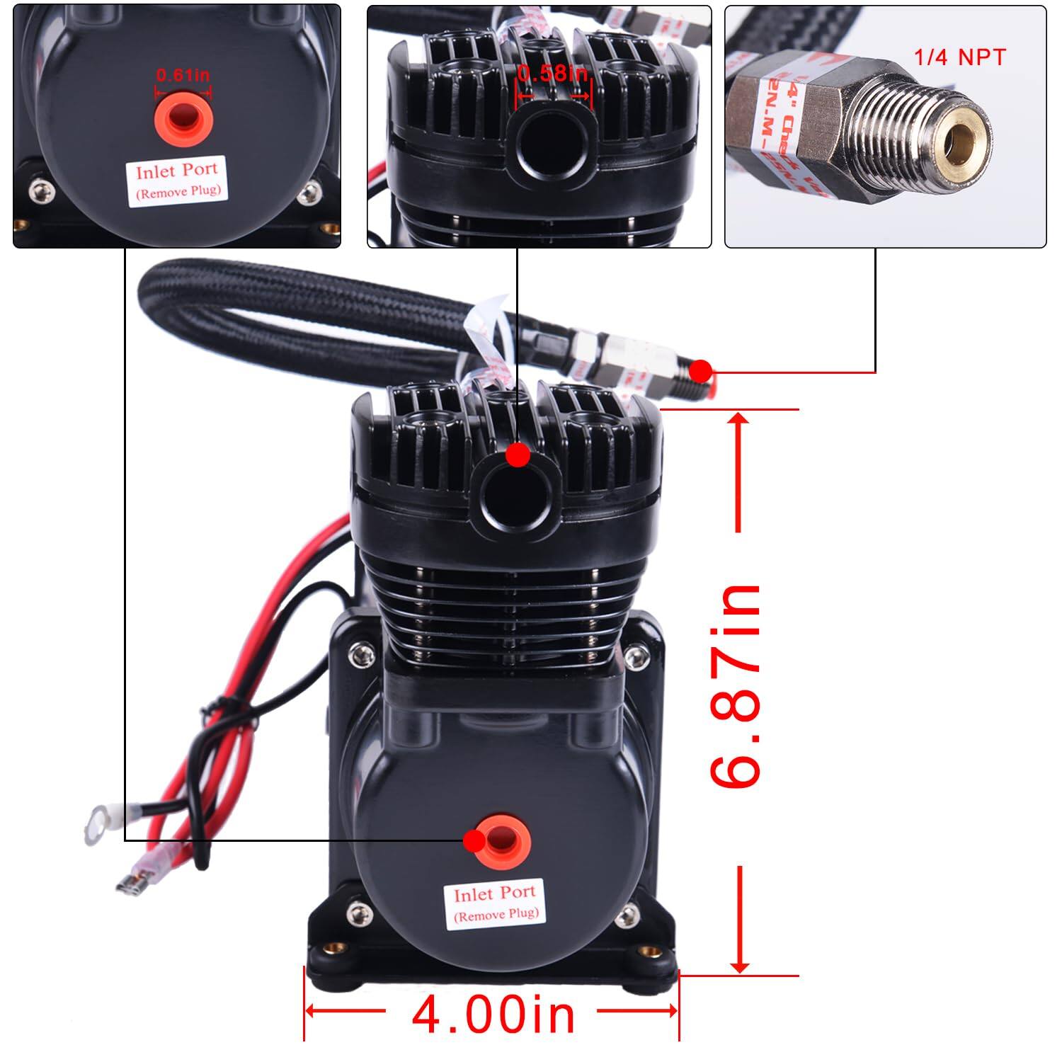 - 0.61in Inlet Port (Remove Plug)
- 0.58in
- 1/4 NPT
- 6.87in
- 4.00in