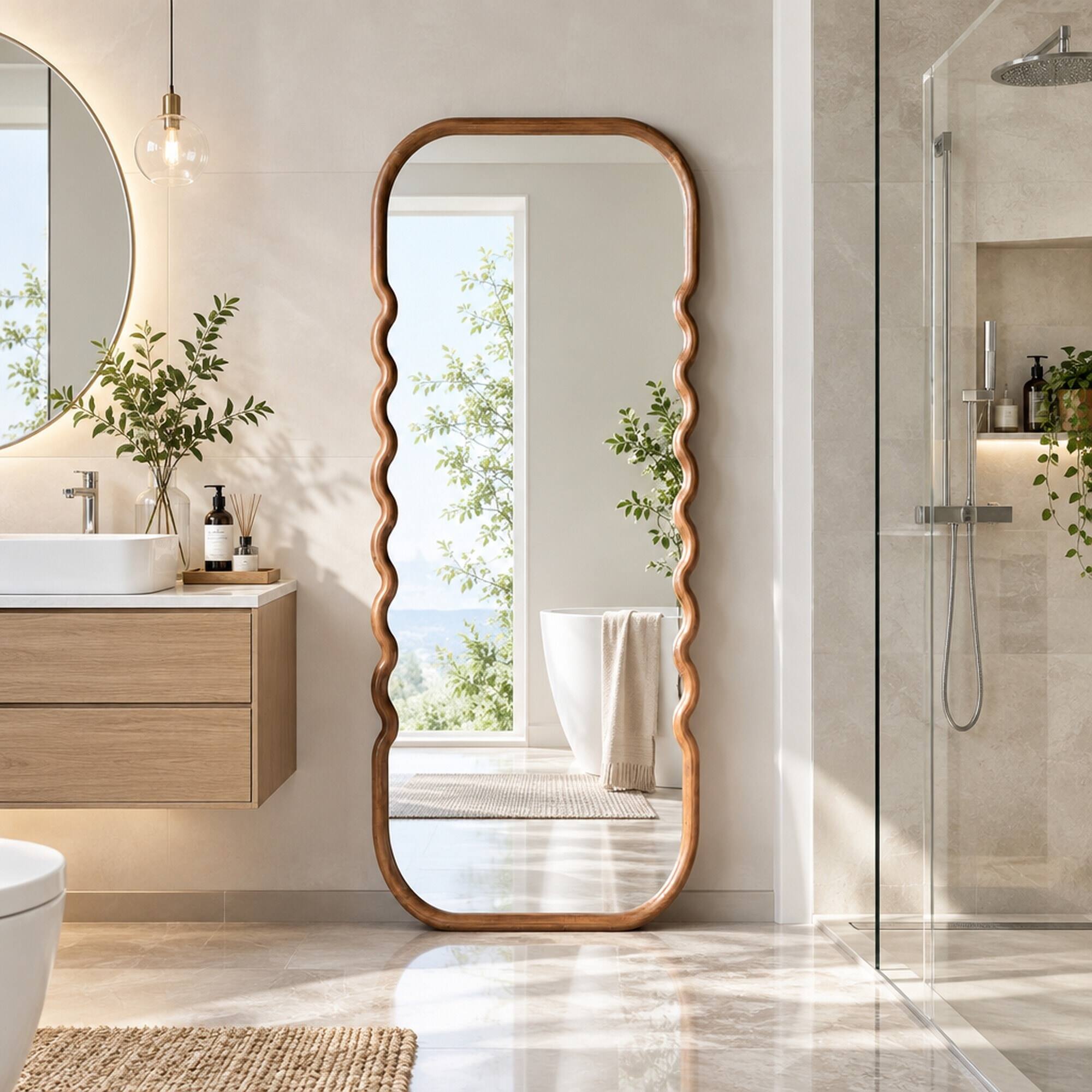 Angle. RYHNUYNE - Oversized Full-Length Floor Mirror, 74 in Tall, Pine Wood Frame, Curved Dark Brown Design, Wall or Floor Display - Brown.