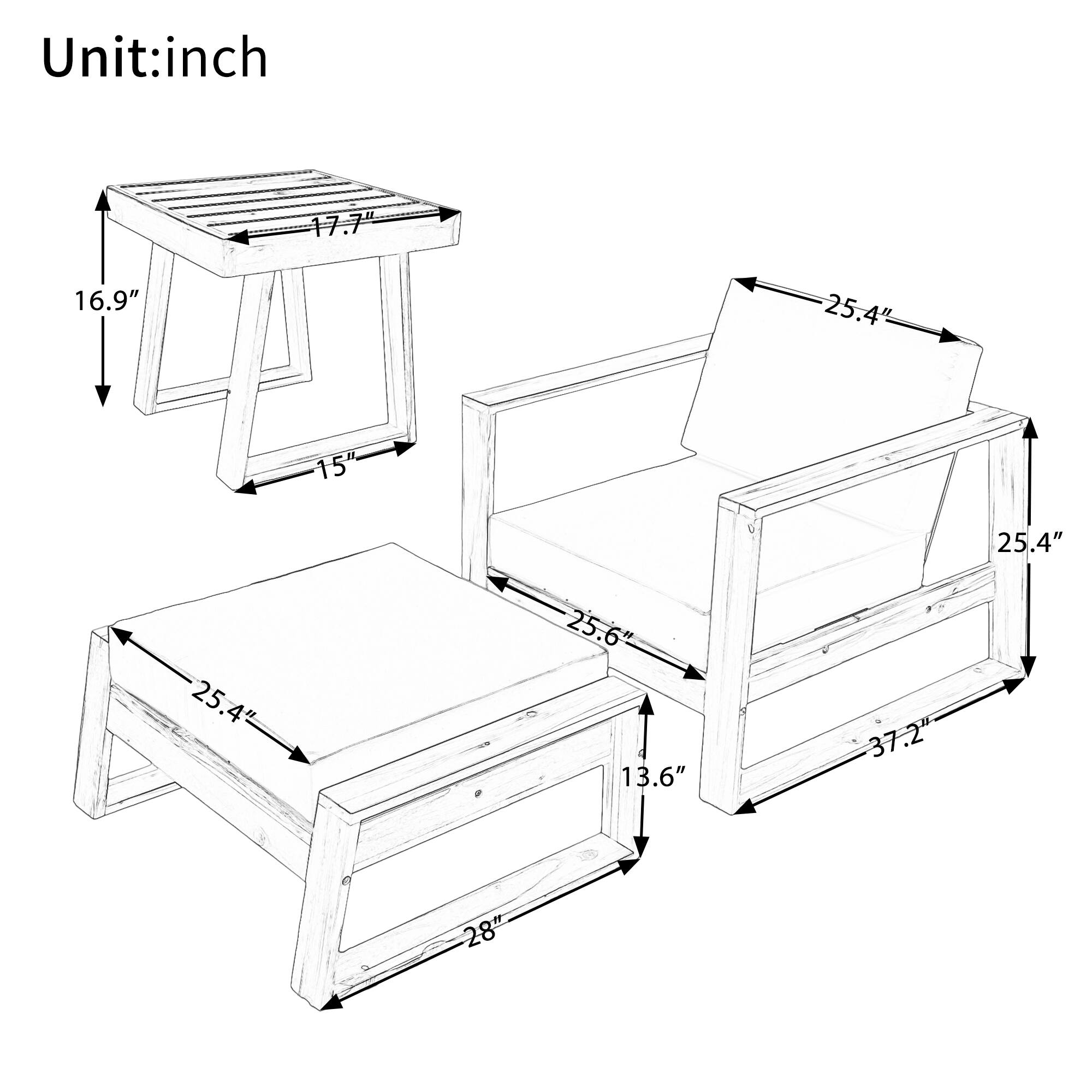 Unit: inch

- 17.7"
- 16.9"
- 15"
- 25.4"
- 25.4"
- 25.6"
- 13.6"
- 37.2"
- 28"