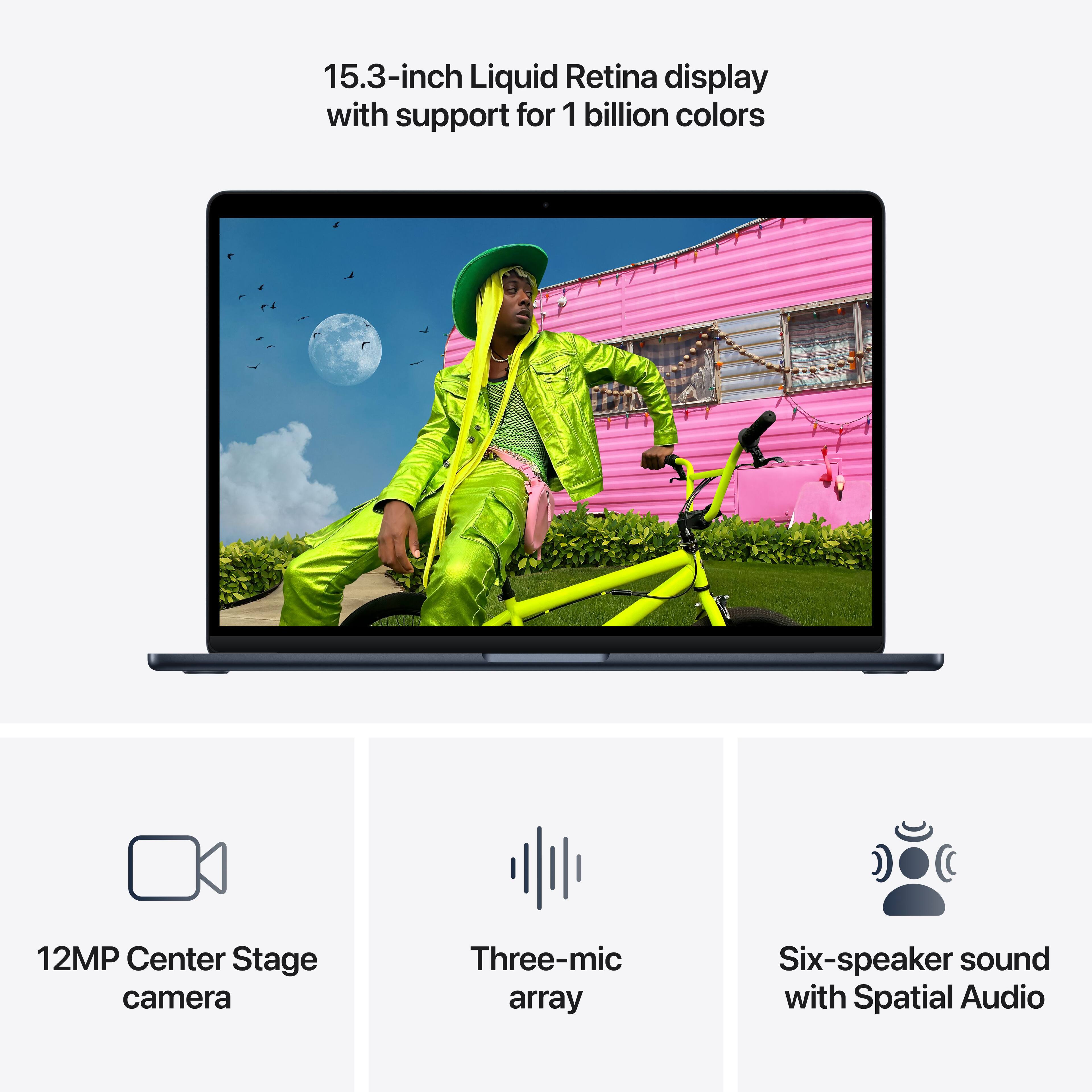 15.3-inch Liquid Retina display with support for 1 billion colors  
12MP Center Stage camera  
Three-mic array  
Six-speaker sound with Spatial Audio
