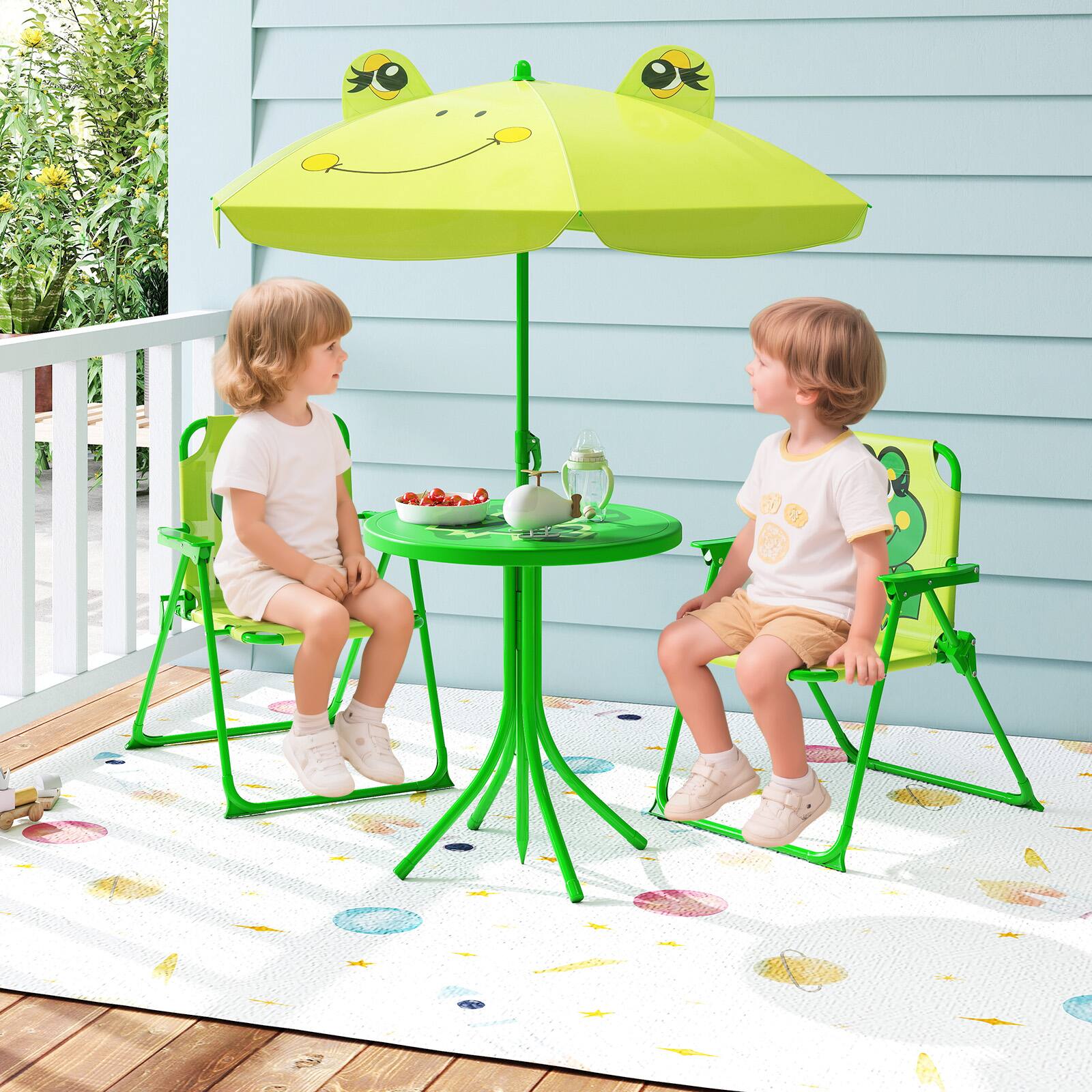 Alt View 3. Gymax - Gymax Kids Picnic Table & Chair Set w/ 2 Folding Chairs & Height Adjustable Umbrella - Light Green.