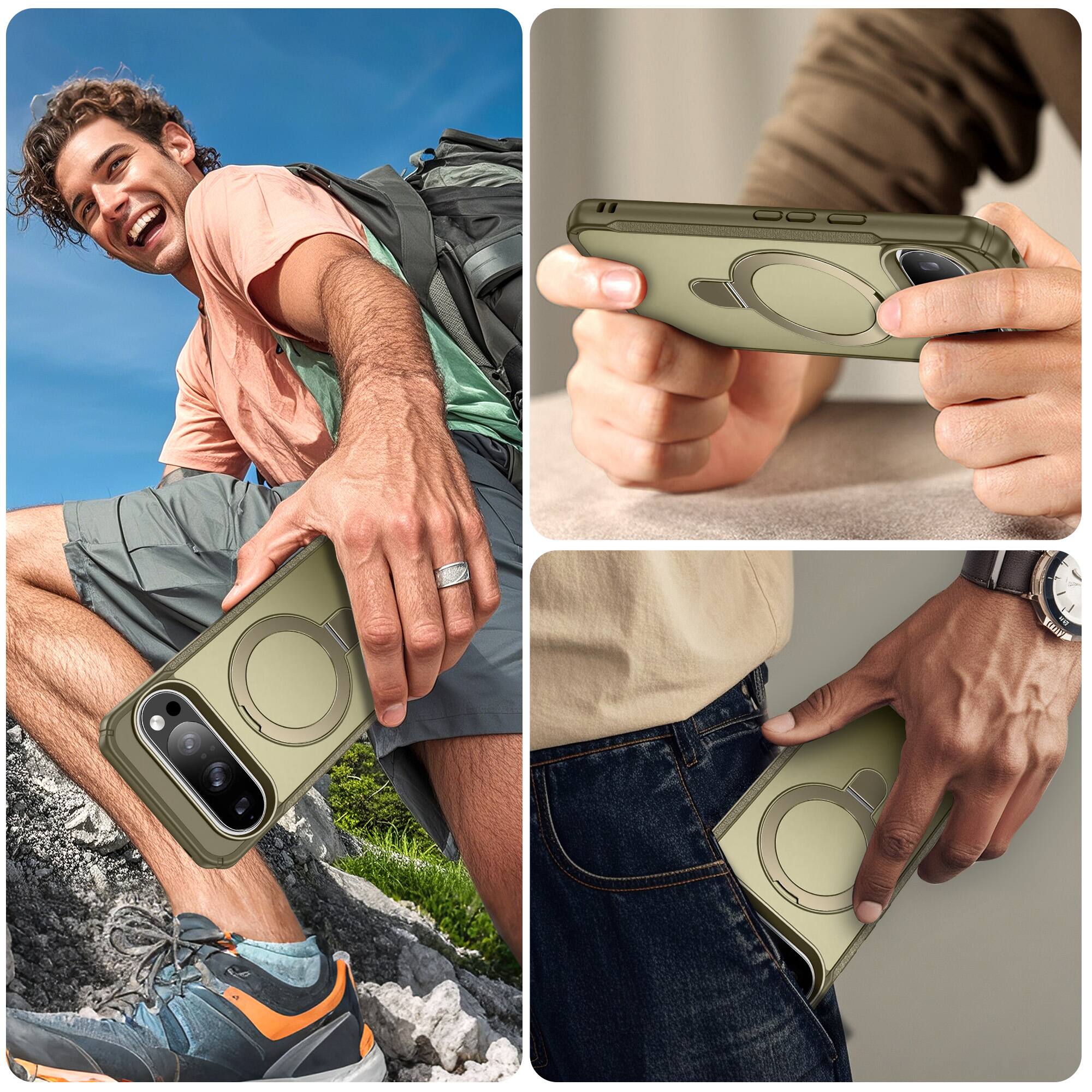 Alt View 3. Dteck - Rugged Case For Google Pixel 11 Pro XL Slim Magnetic Shockproof Non-slip Cover With Adjustable Ring Stand - Khaki.