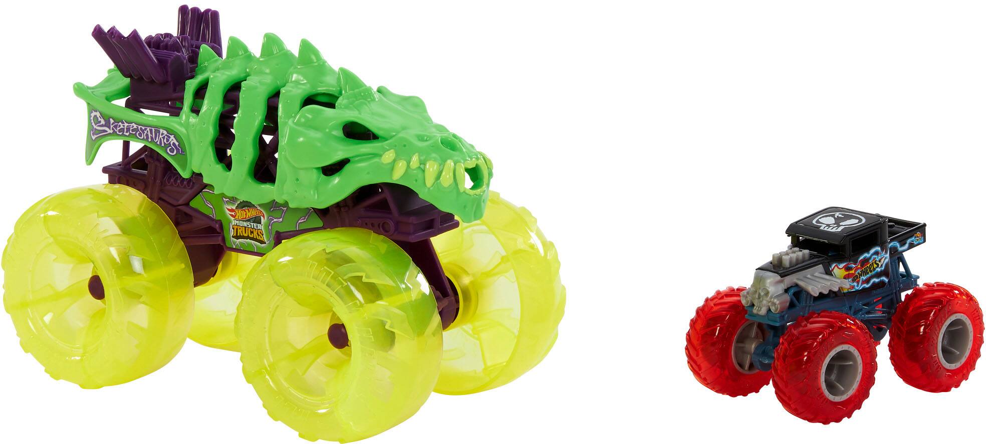 Sure, here is the corrected and grouped text from the image:

- **Left Toy:**
  - "Skeletor"
  - "Monster Trucks"
  - "Monster Wheels"

- **Right Toy:**
  - "Monster Trucks"
  - "Monster Wheels"