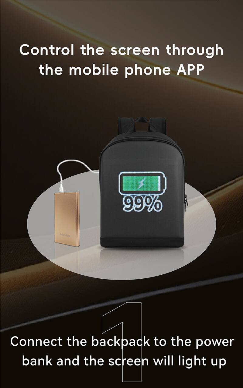 Control the screen through the mobile phone APP

99%

Connect the backpack to the power bank and the screen will light up