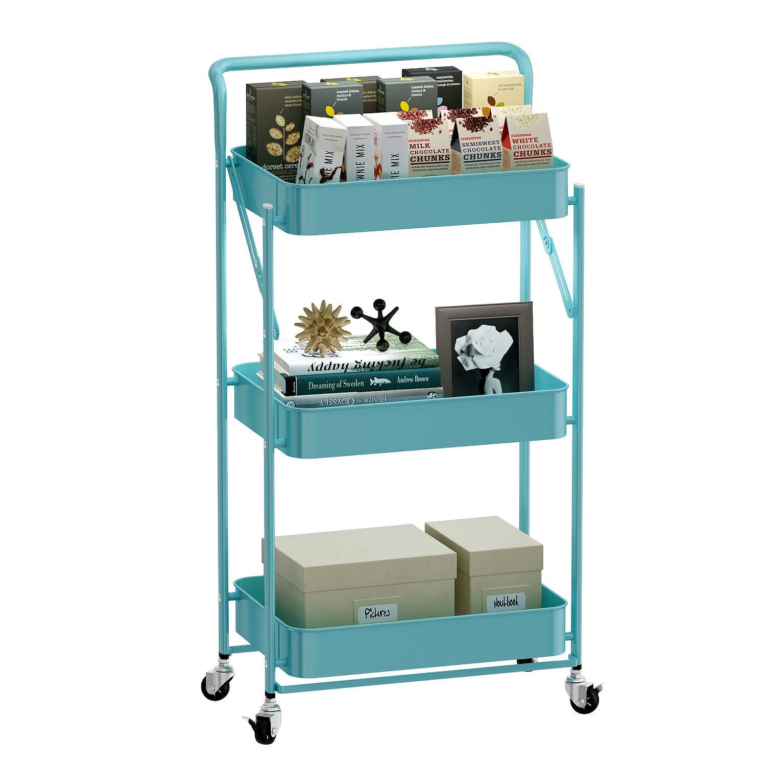 Malletson - 3-Tier Foldable Rolling Cart, Storage Rack with Handle Multi-Purpose and Locking Wheels for Office, Kitchen, Bathroom - Blue
