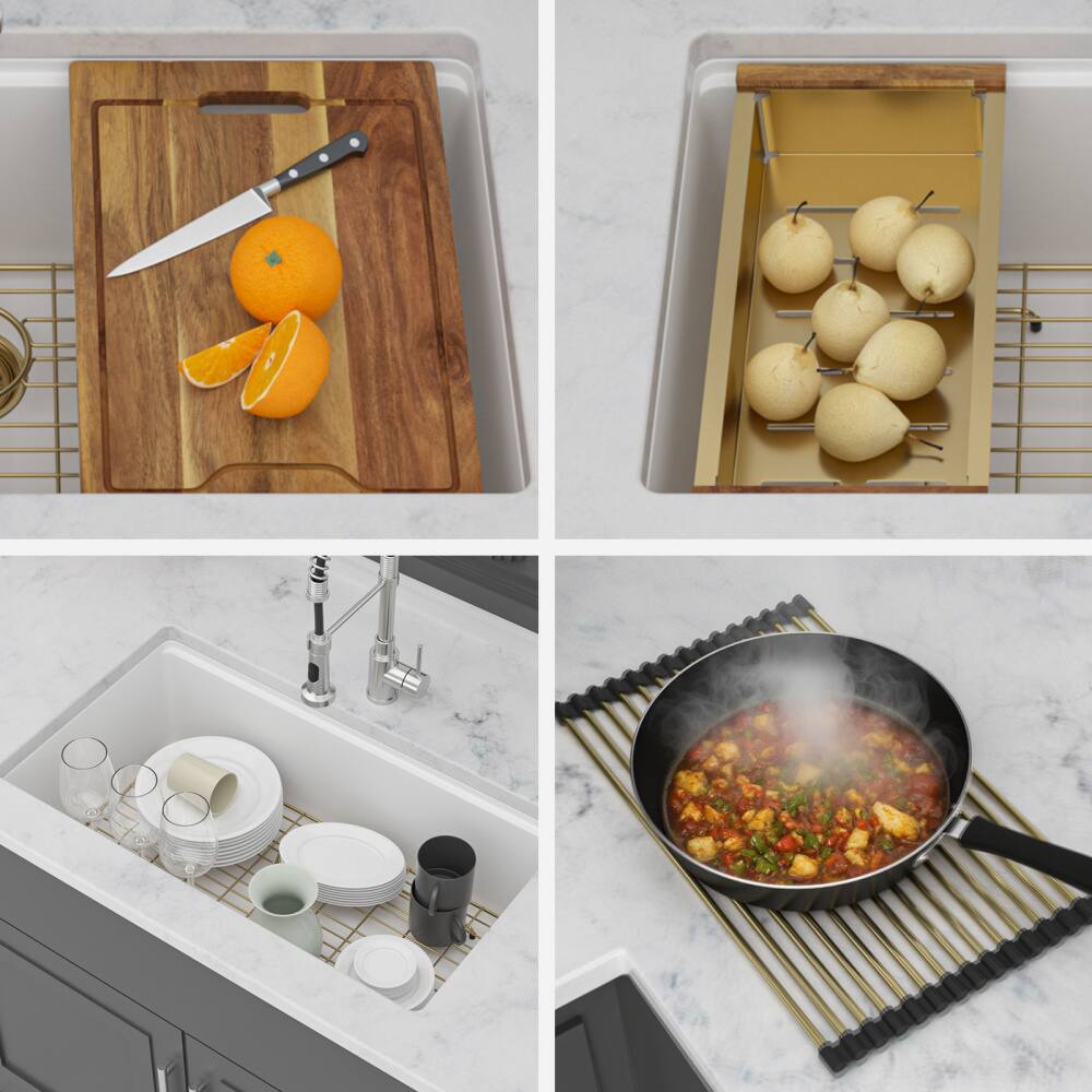 Left. JUJABU - Quartz White Kitchen Sink - 30" x 19" x 9.65" Undermount Single Bowl - White.