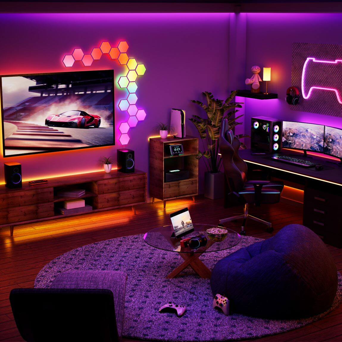 Alt View 22. GE - Cync Dynamic Effects Smart LED Hexagon Panel Lights (7 Pack) - Color Changing - Full Color.