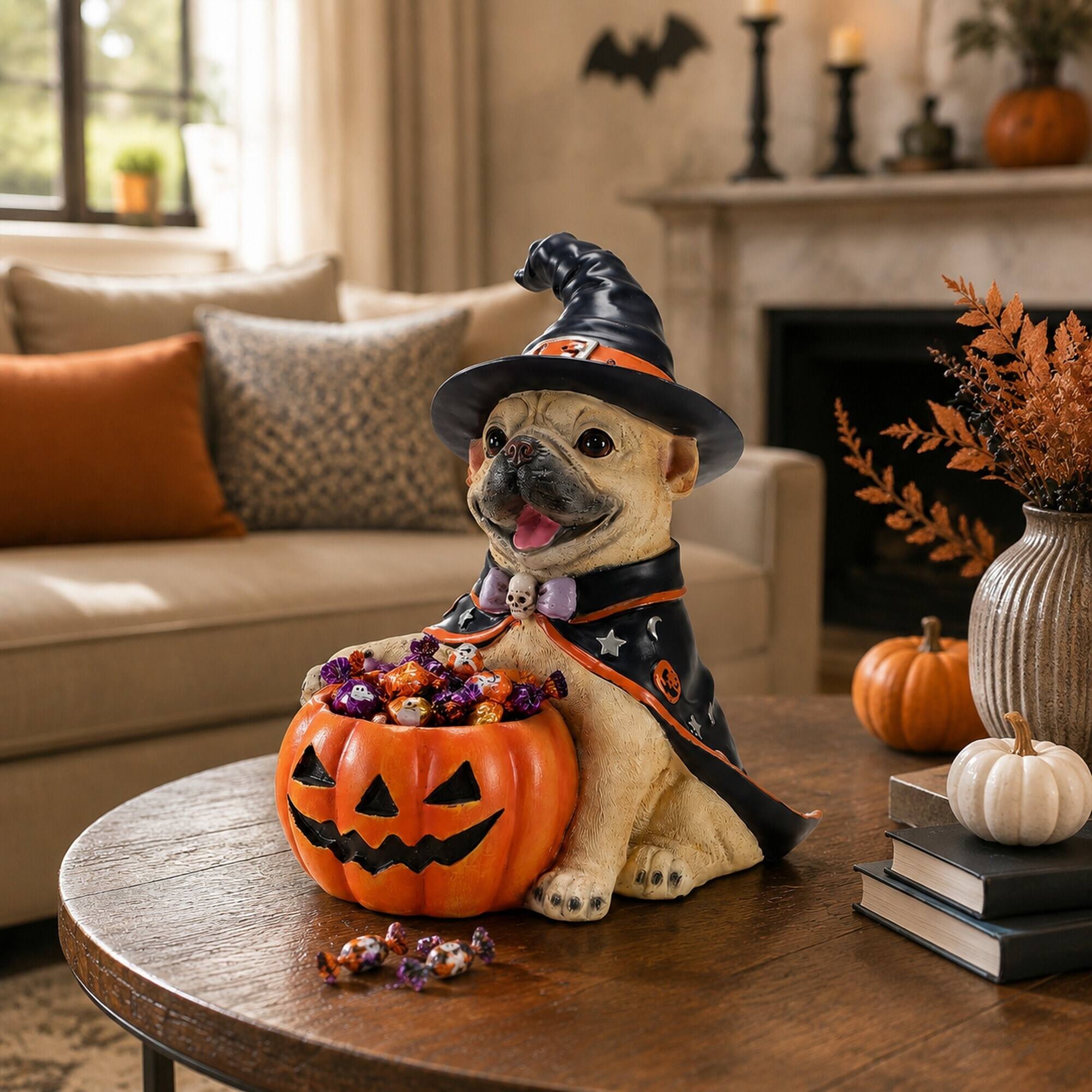 Angle. RYHNUYNE - Halloween French Bulldog Witch Figurine with Pumpkin Candy Bowl Decoration, Cute Puppy Resin Statue for Tabletop - Beige.