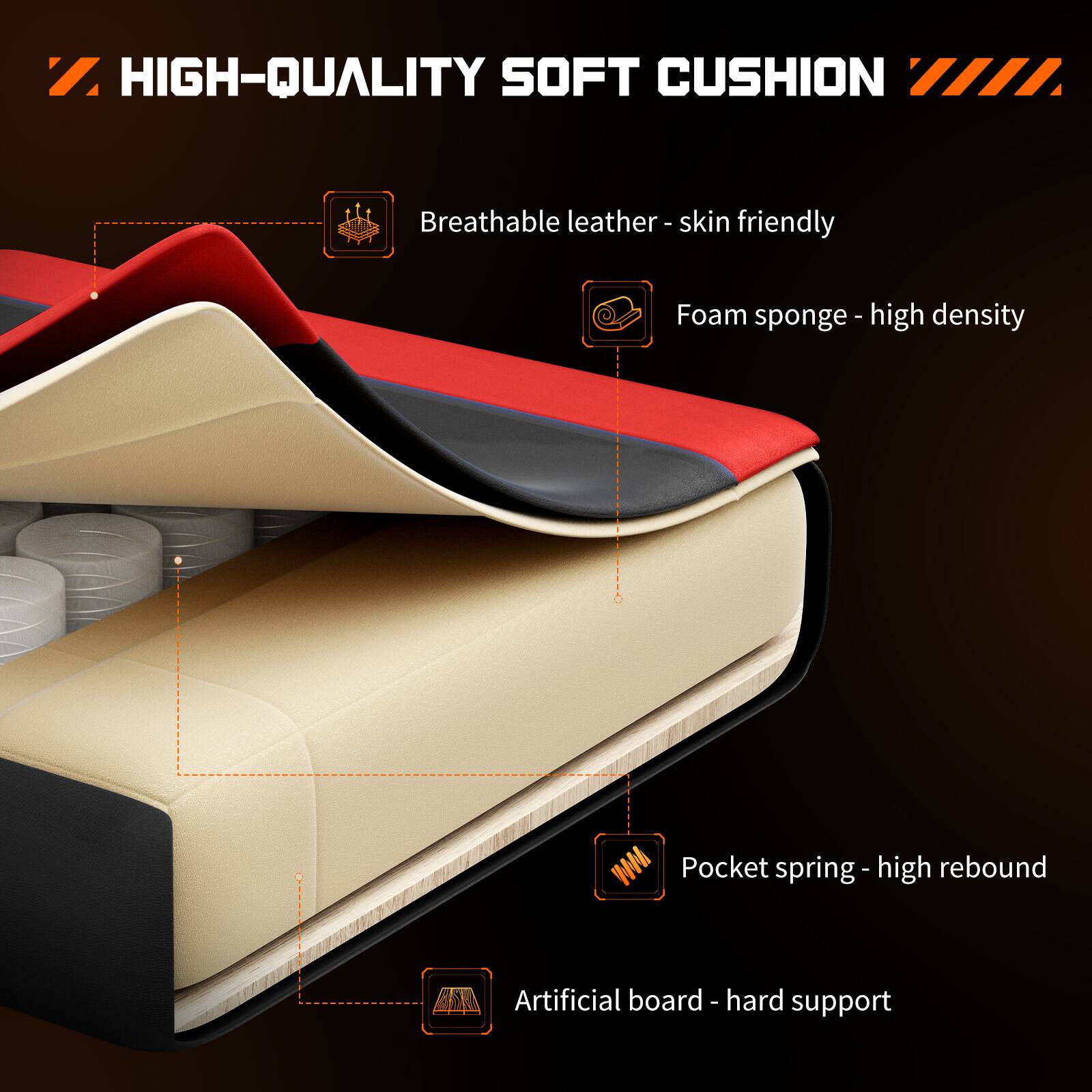 7 HIGH-QUALITY SOFT CUSHION

- Breathable leather - skin friendly
- Foam sponge - high density
- Pocket spring - high rebound
- Artificial board - hard support