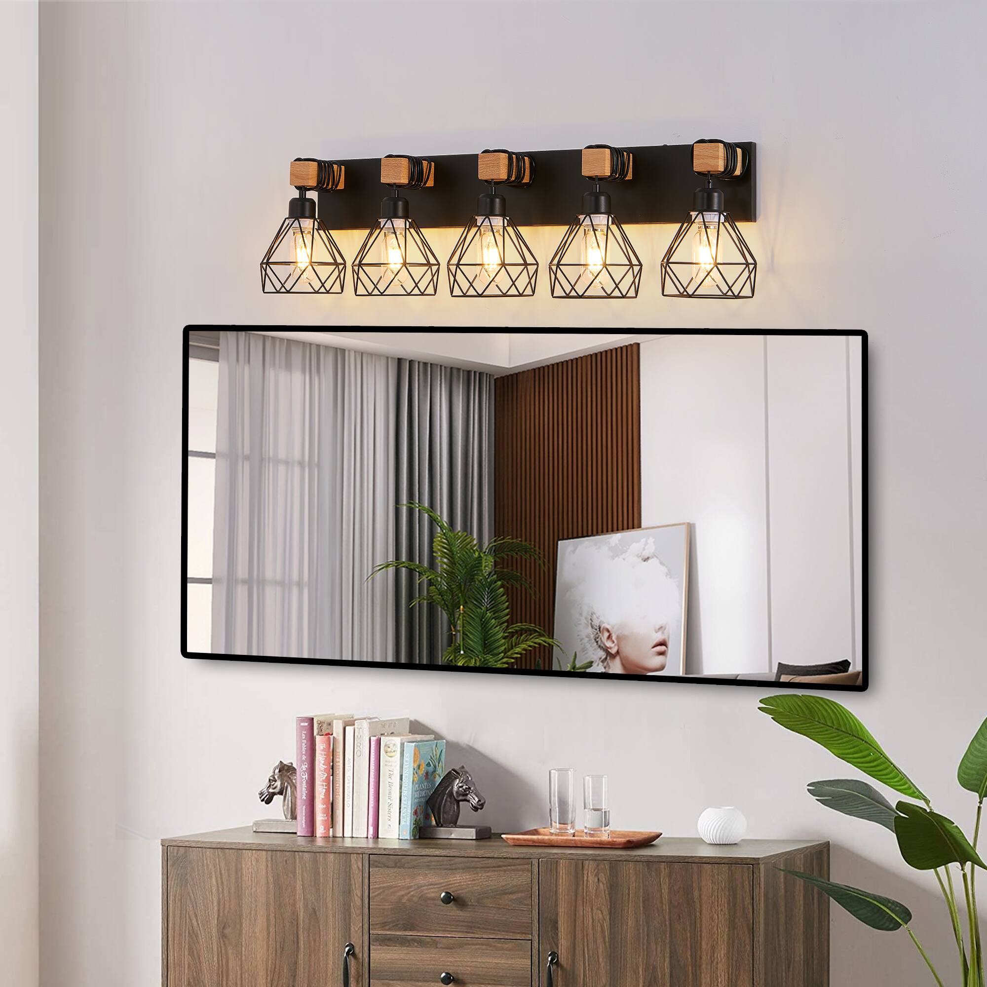 Left. APRILSOUL - 31 Inch Modern Geometric 5-Light Vanity Light Fixture with Black Metal Wooden Accents and Cage Lampshade No Bulb.