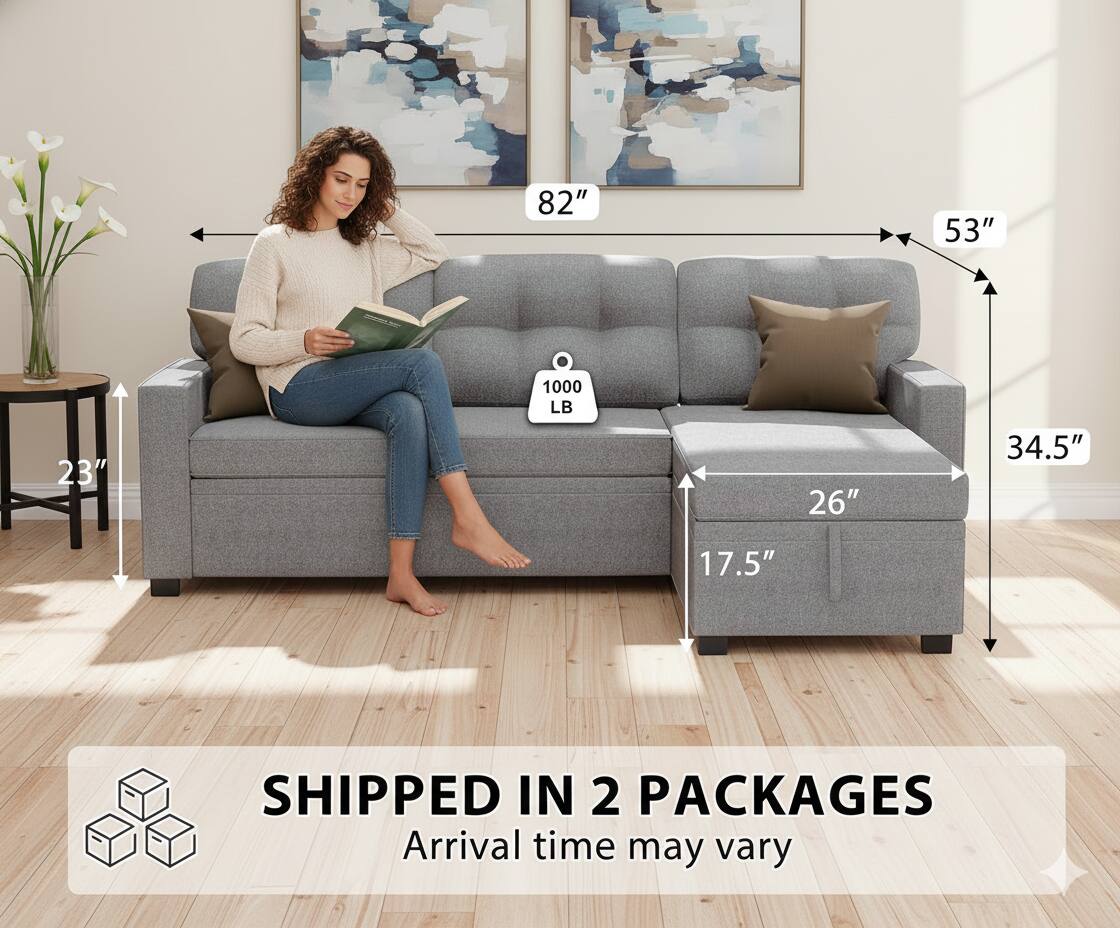 82" 53" 23" 1000 LB 26" 34.5" 17.5" SHIPPED IN 2 PACKAGES Arrival time may vary