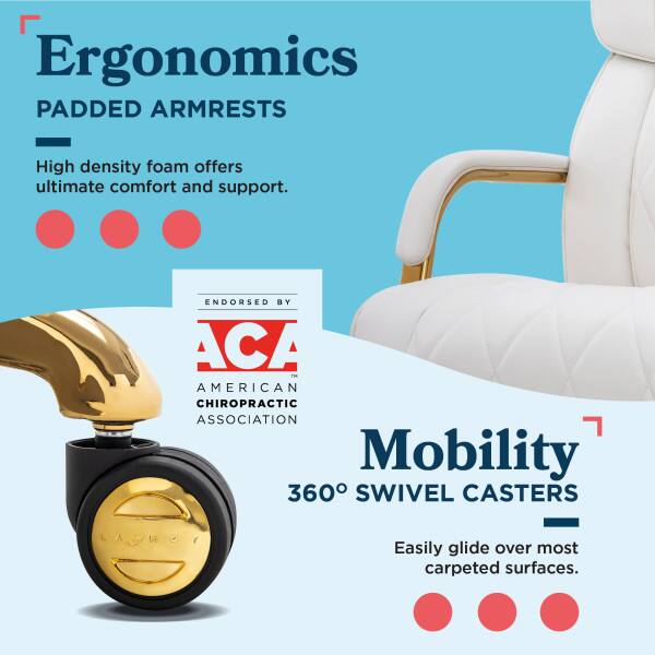 Ergonomics Padded Armrests - High density foam offers ultimate comfort and support. Endorsed by ACA (American Chiropractic Association). Mobility 360° Swivel Casters - Easily glide over most carpeted surfaces.