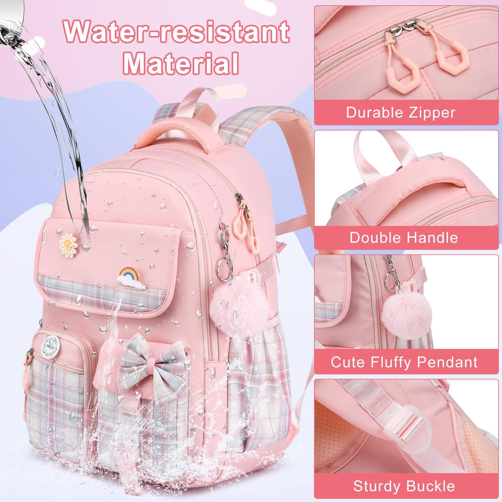 - Water-resistant Material
- Durable Zipper
- Double Handle
- Cute Fluffy Pendant
- Sturdy Buckle