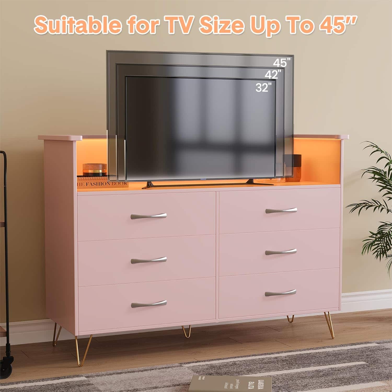 Qeetex - 6 Drawer Pink Dresser for Bedroom, Modern Wooden Storage Chest with LED Light, Stylish TV Stand Cabinet for Hallway - Soft Pink