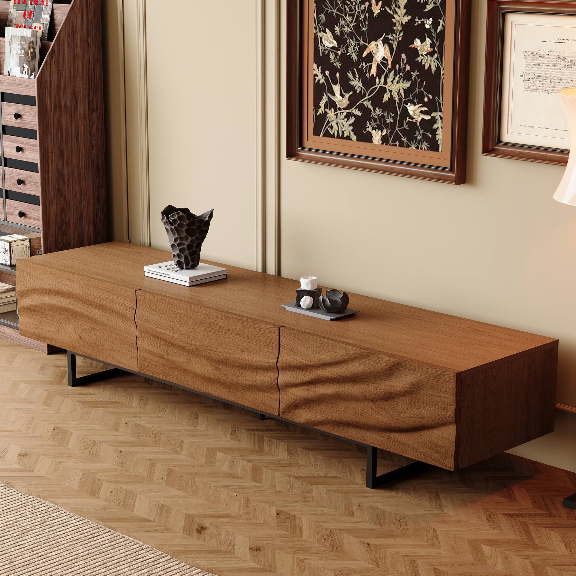Left. luck idea - 82.83" TV Stand with Metal Legs, 3 Drawers & Vent Holes, Wide Media Console for Living Room - Walnut Color.