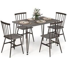 Front. Costway - 5 PCS Dining Table Set for 4 Rectangular Kitchen Table & 4 Chairs w/ Metal Frame - Grey Oak.