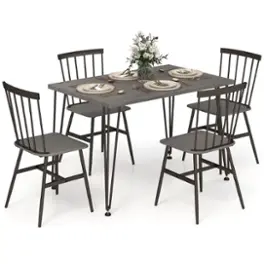 Costway - 5 PCS Dining Table Set for 4 Rectangular Kitchen Table & 4 Chairs w/ Metal Frame - Grey Oak