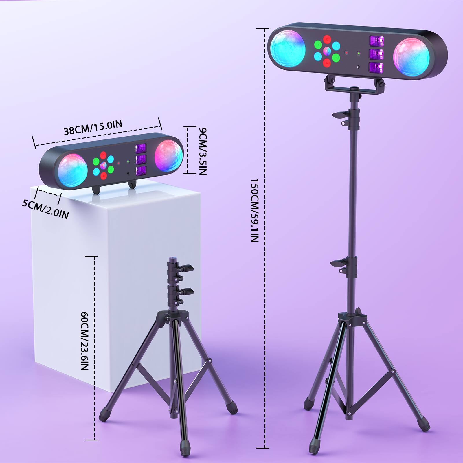 Sure, here is the corrected and grouped text from the image:

- **Dimensions:**
  - Length: 38CM / 15.0IN
  - Width: 9CM / 3.5IN
  - Height: 5CM / 2.0IN
  - Tripod Height: 150CM / 59.1IN
  - Tripod Base Width: 60CM / 23.6IN