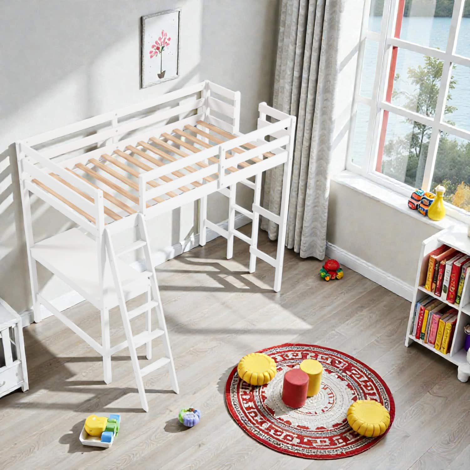 Hivvago - Space-Saving Twin Loft Bed Frame with Workstation and Ladder - White