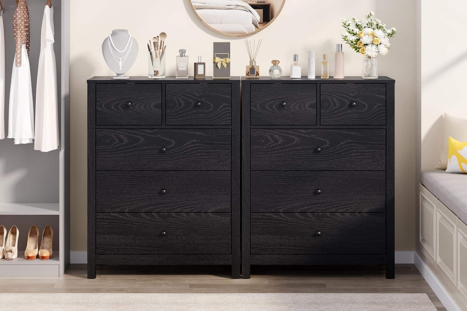 Qeetex - 5 Drawer Dresser for Bedroom, Tall Chest with Deep Drawers and Metal Knobs, Wooden Organizer for Hallway - Black