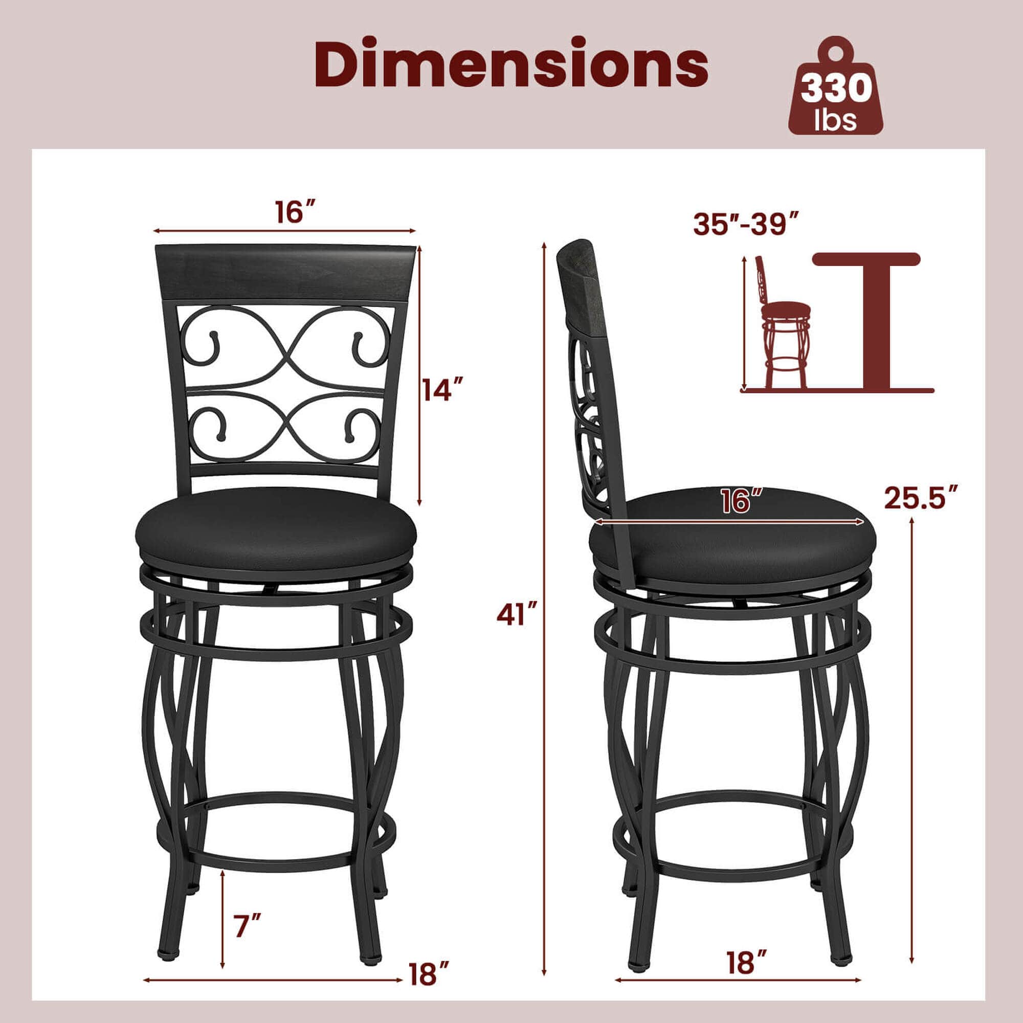 Costway Set of 2 Vintage Metal Swivel Bar Stools 26
