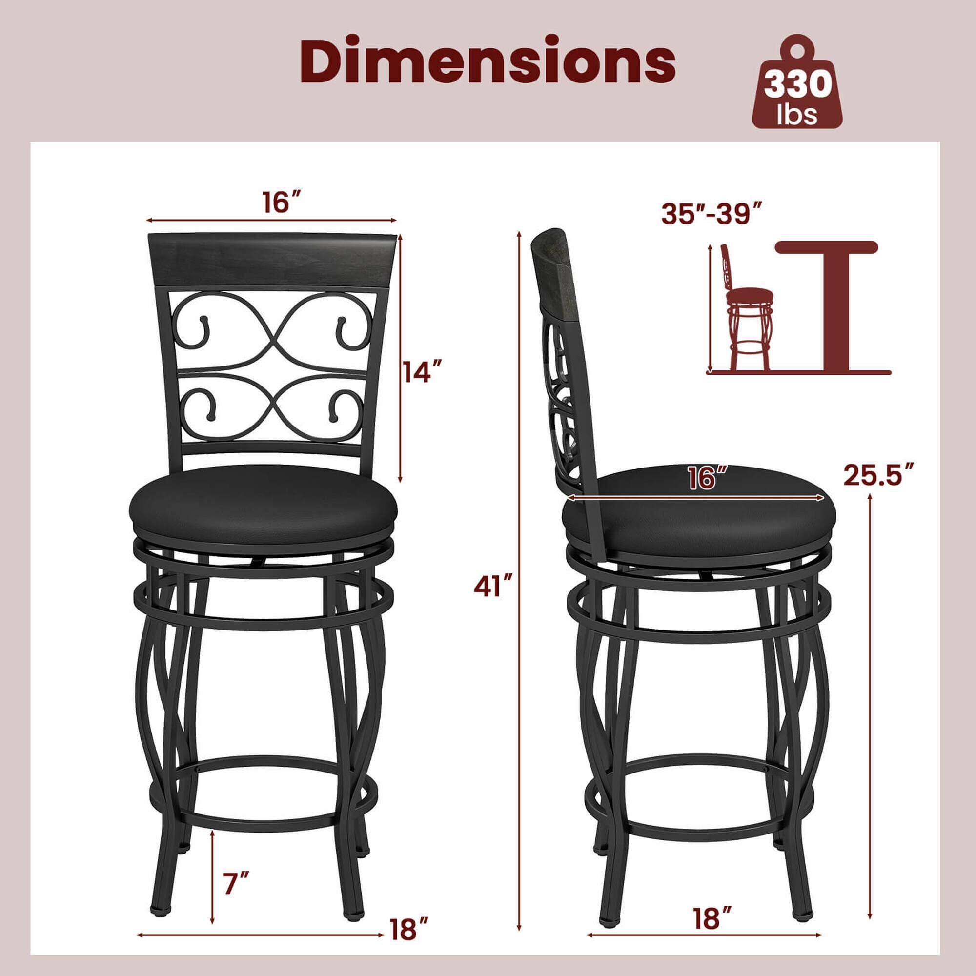 Dimensions: 330 lbs, 16" x 14" x 35"-39" H, 16" x 25.5" x 41" x 7" x 18" x 18".