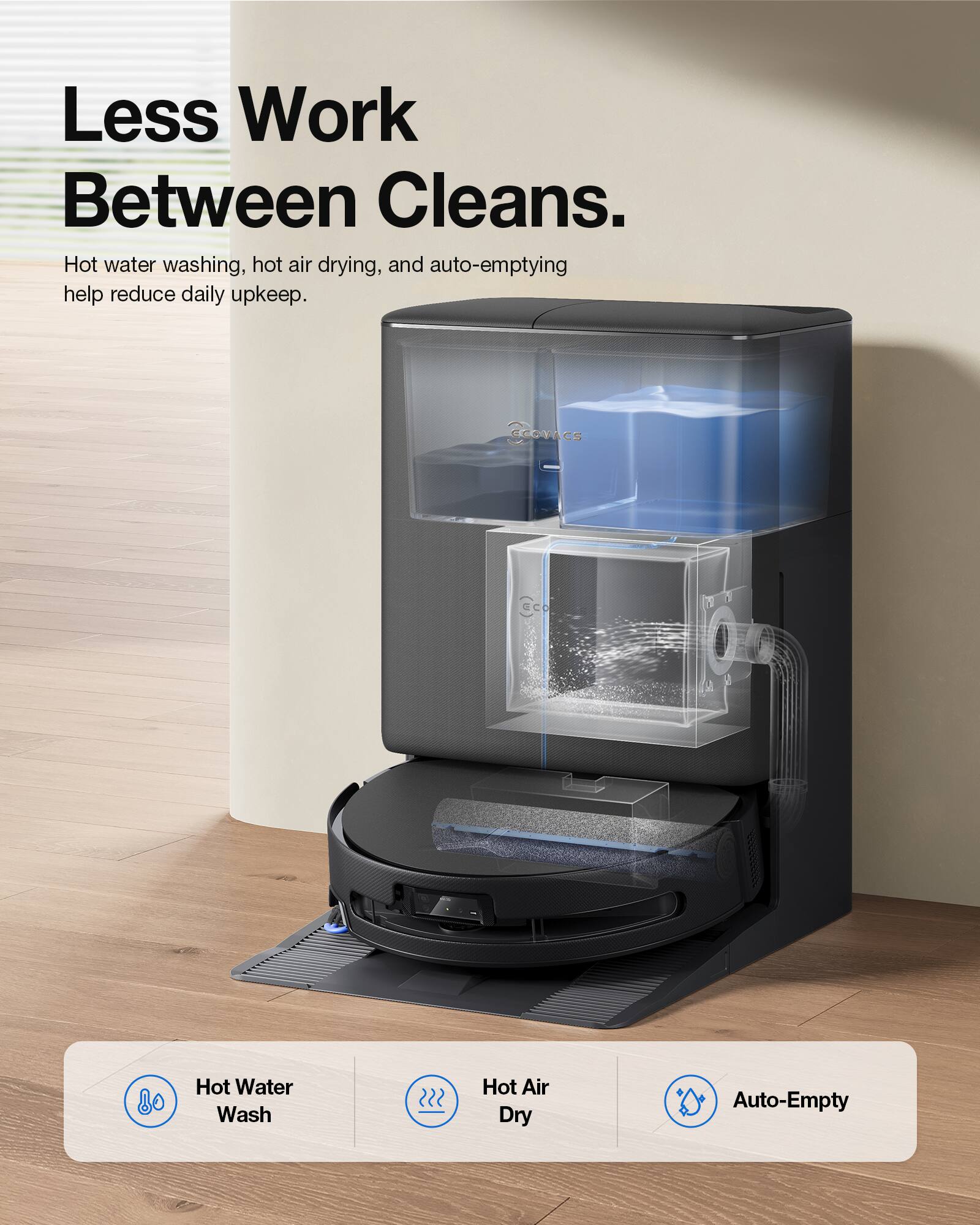 Less Work Between Cleans.  
Hot water washing, hot air drying, and auto-emptying help reduce daily upkeep.  
GCOVICS CS ecc a N 7 0 MP  
Hot Water Wash  
Hot Air Dry  
Auto-Empty