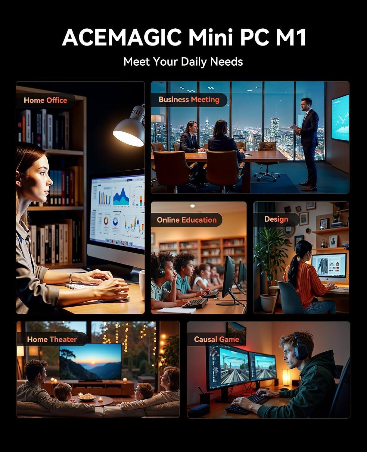 ACEMAGIC Mini PC M1  
Meet Your Daily Needs  
Home Office  
Business Meeting  
Online Education  
Design  
Home Theater  
Casual Game