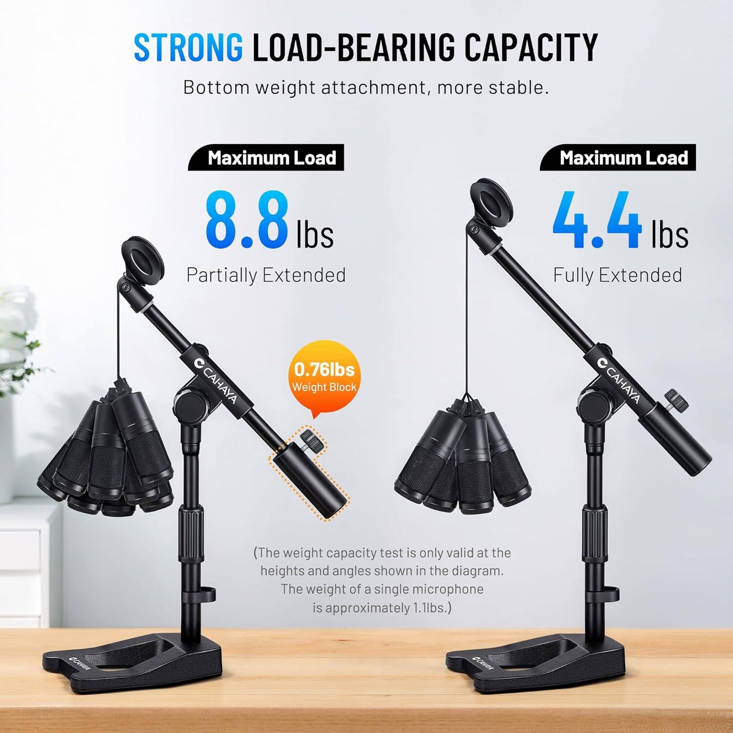 STRONG LOAD-BEARING CAPACITY  
Bottom weight attachment, more stable.  

Maximum Load  
8.8 lbs (Partially Extended)  
4.4 lbs (Fully Extended)  

CAHAYA 0.76 lbs Weight Block  

(The weight capacity test is only valid at the heights and angles shown in the diagram. The weight of a single microphone is approximately 1.1 lbs.)