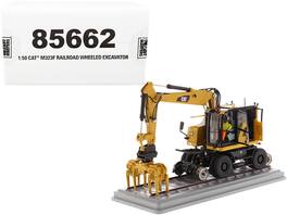 Diecast Masters - CAT M323F Railroad Wheeled Excavator with Operator 3 Work Tools High Line Series 1/50 Diecast Model - Yellow